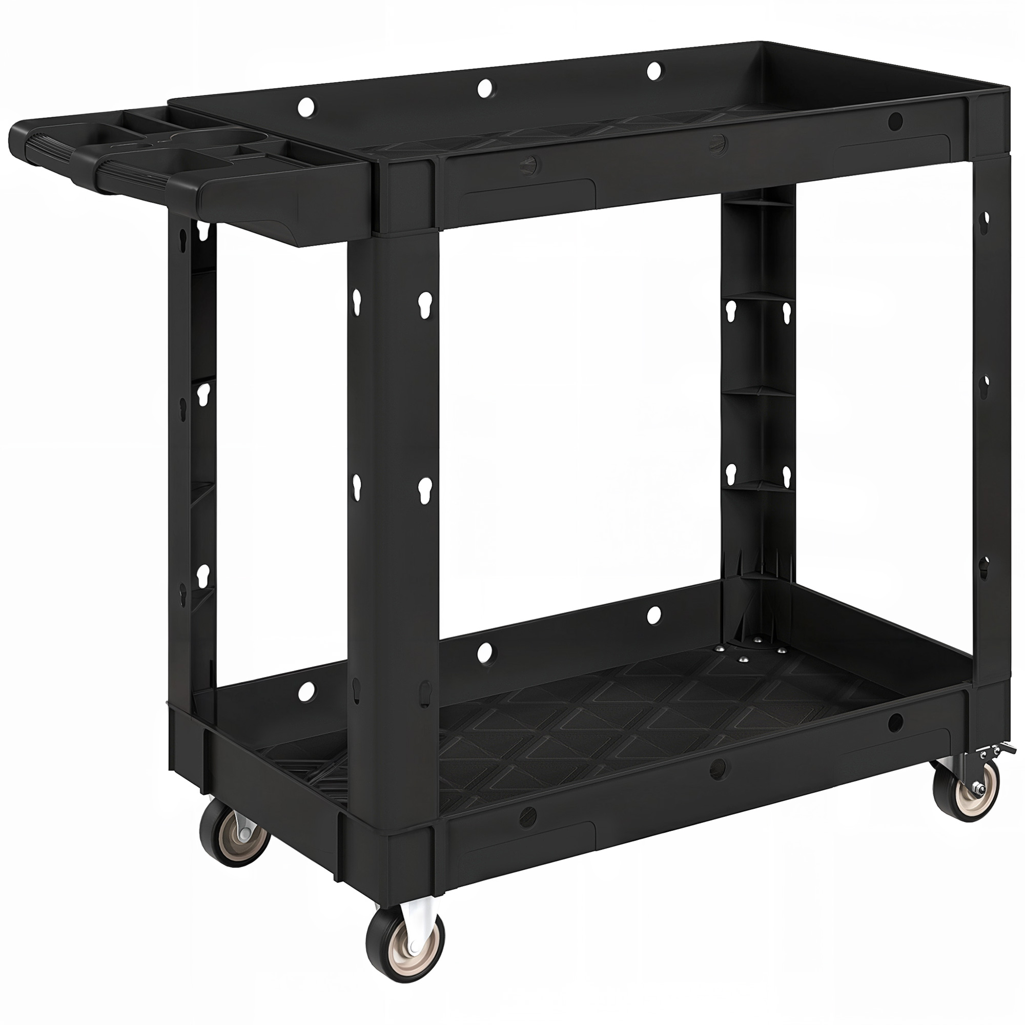Werkzeugwagen, 2-stöckige Ablagen, Griff, Räder, Kunststoff, Schwarz