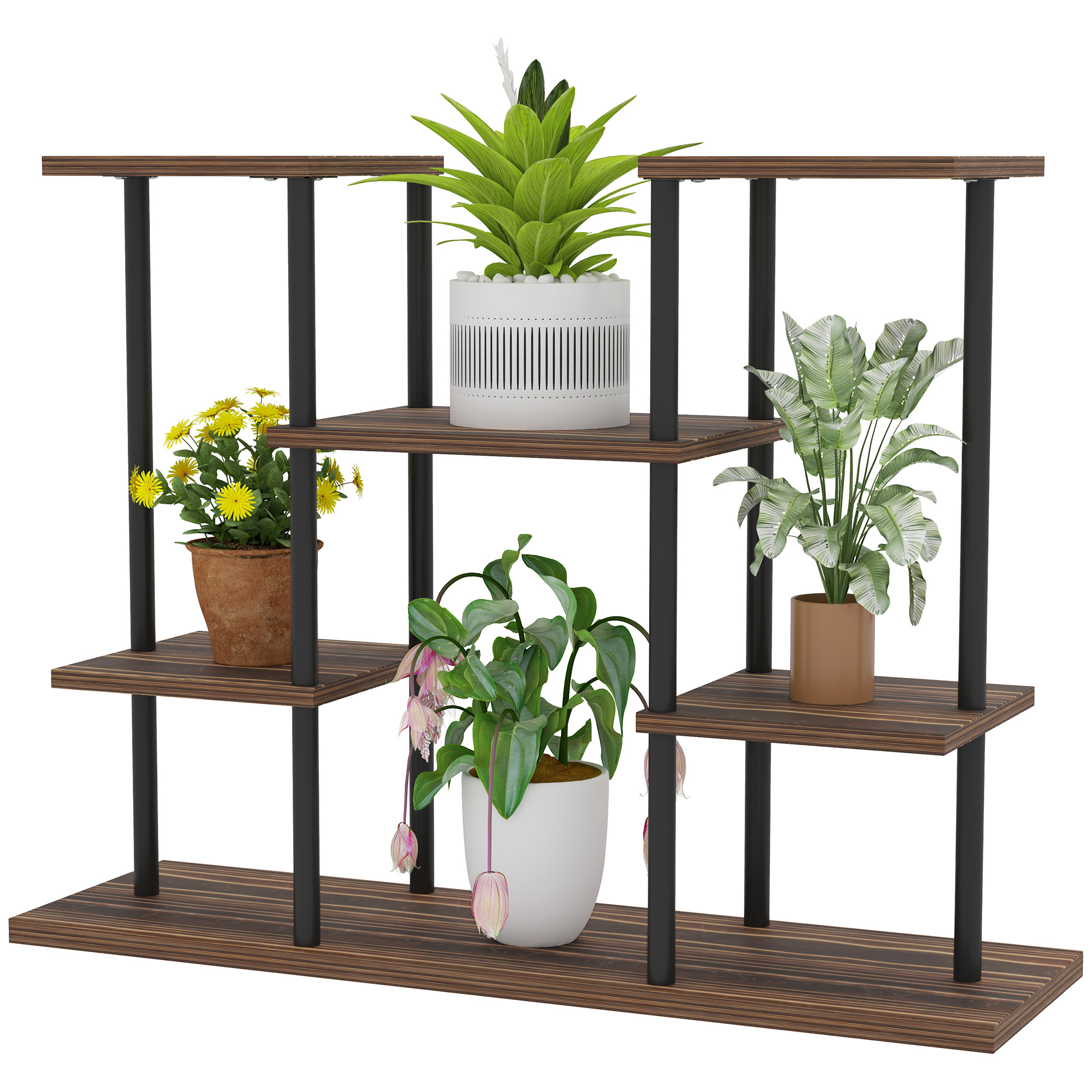 Blumenständer mit 4 Ebenen, 4-stufiger Pflanzenständer, Blumentopfhalter für drinnen und draußen, Holz, Stahl Blumenständer mit 4 Ebenen, 4-stufiger Pflanzenständer, Blumentopfhalter für drinnen und draußen, Holz, Stahl