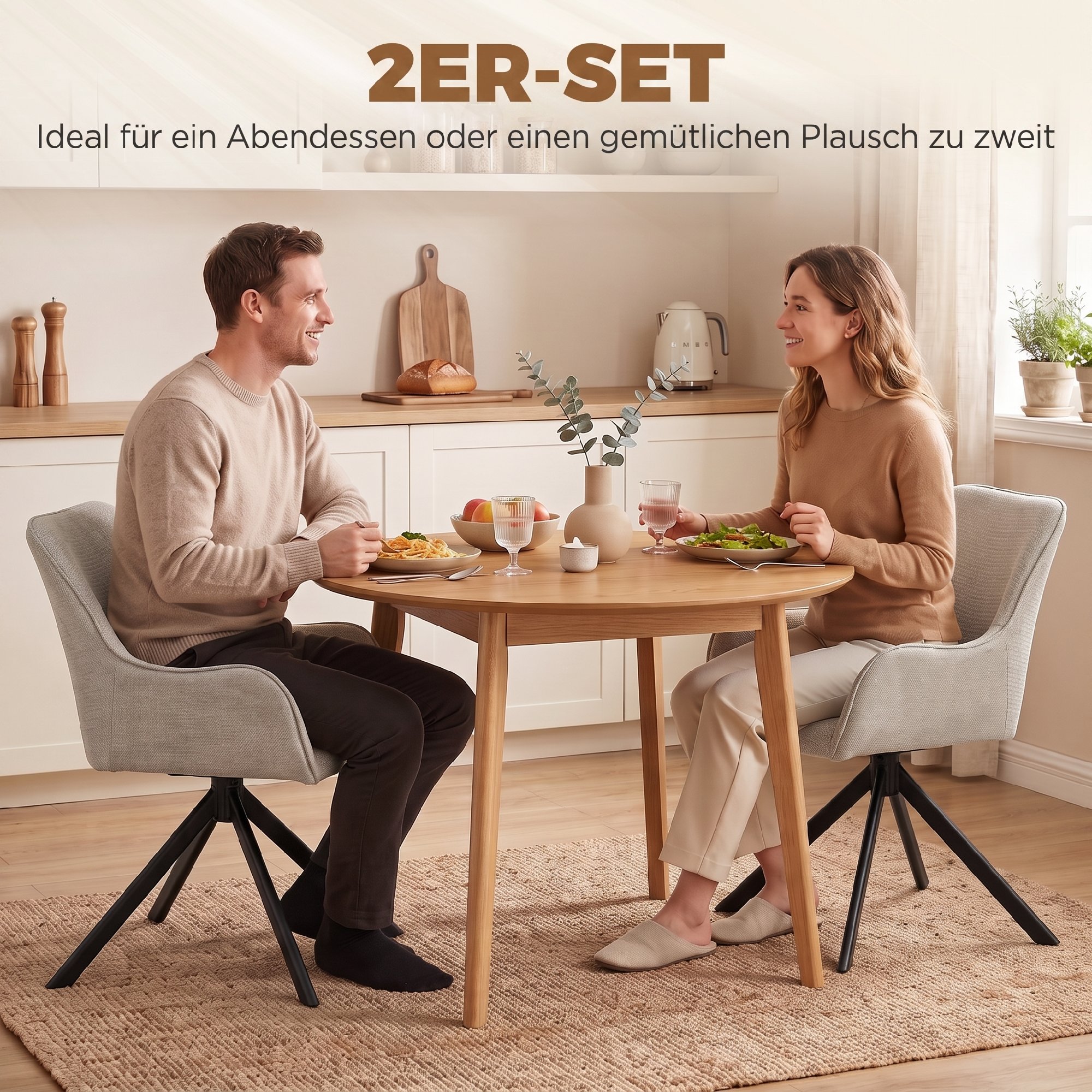 Esszimmerstühle 2er-Set, Drehbarer Küchenstuhl mit Armlehnen, Metallrahmen für Wohnzimmer, Esszimmer, Beige