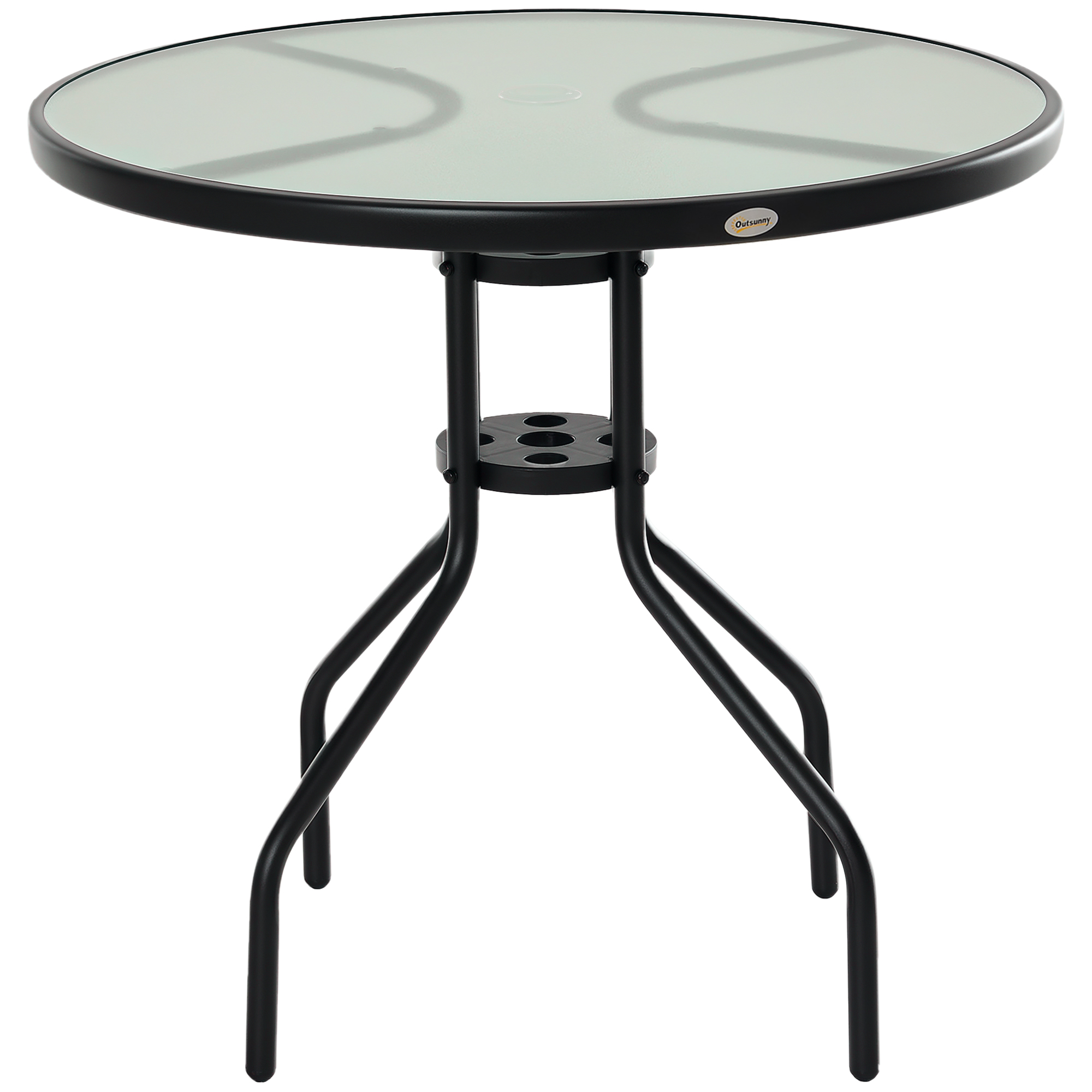 Gartentisch Balkontisch Garten Beistelltisch Bistrotisch Gartenmöbel mit Schirmloch Hartglas + Metall Schwarz Ø80 x 72 cm