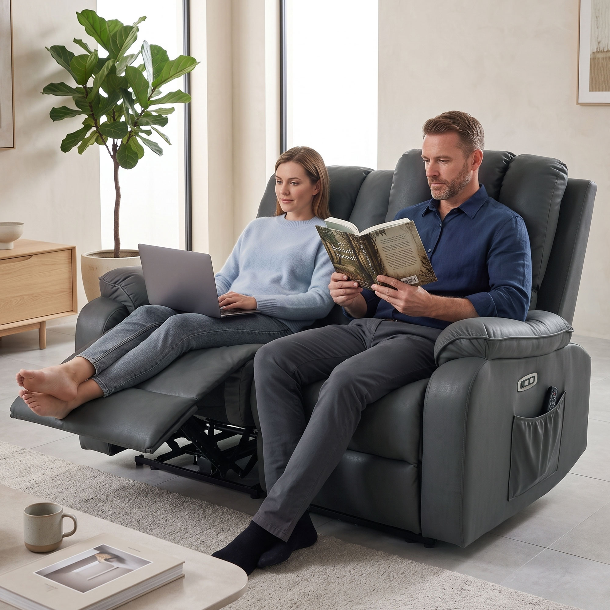 2-Sitzer elektrisches Relaxsofa aus Leathaire mit Massage- und Heizfunktion, 2 Fernbedienungen, USB-/USB-C-Anschlüssen