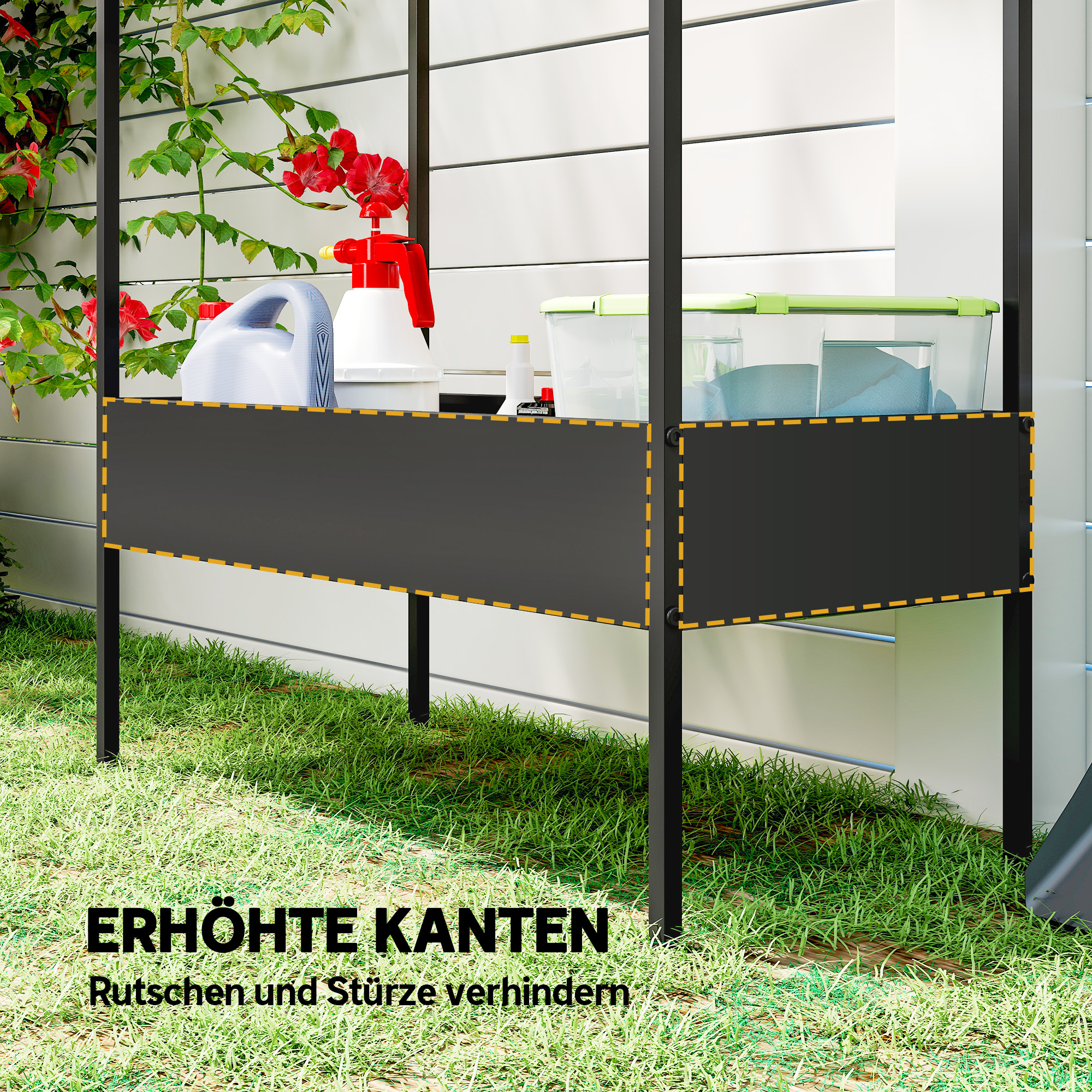 2-Etagen Pflanzenständer in Hausform, 150 cm hoch Blumenständer mit Haken, Metall Schwarz
