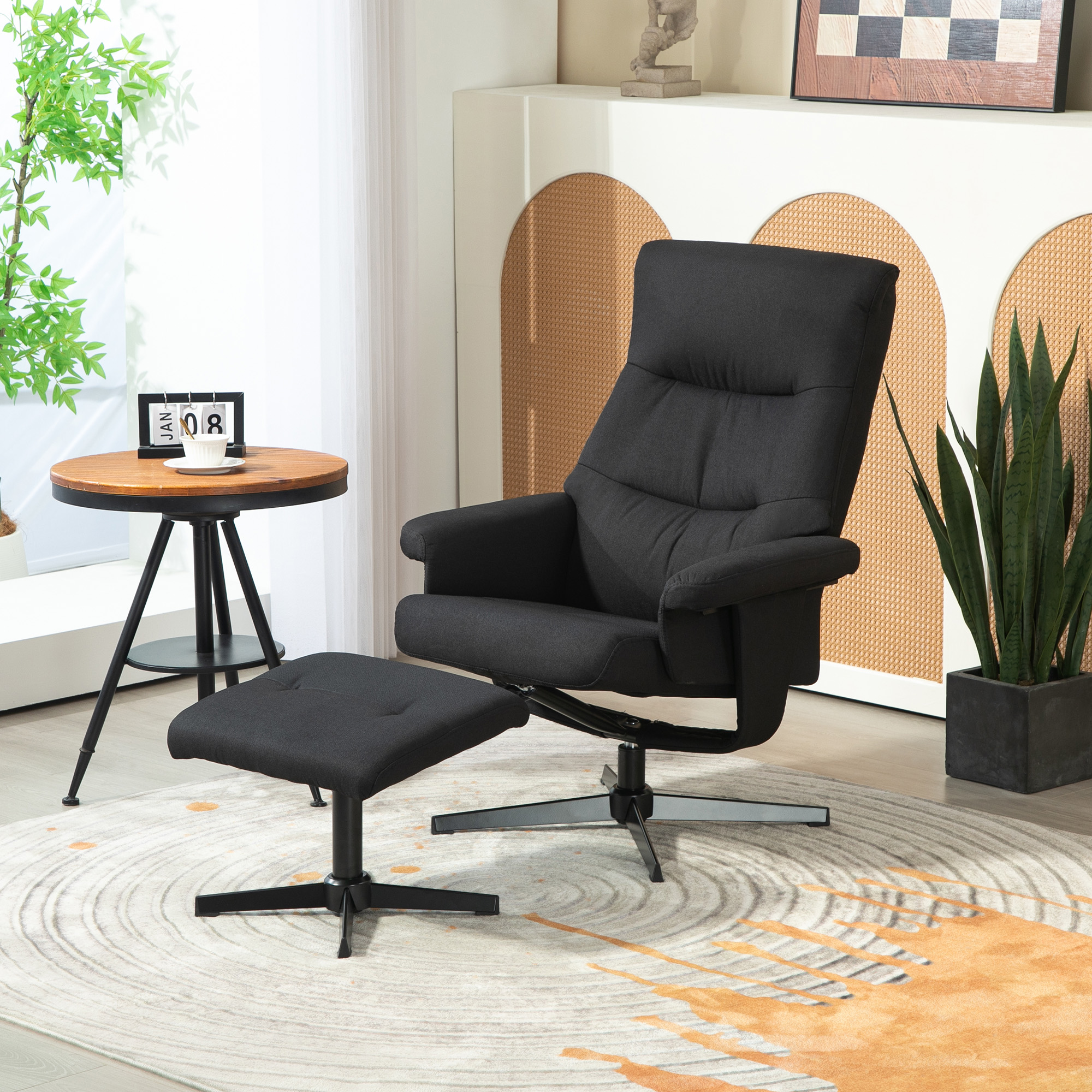 Liegesessel mit Hocker, drehbar, Wippfunktion, Samtoptik, bis 150 kg, Schwarz