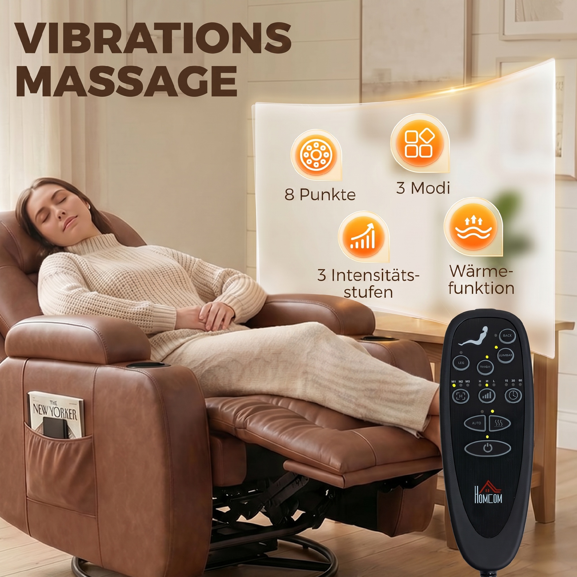 Massagesessel mit Wärmefunktion, drehbarer Schaukelsessel mit Fußstütze, Hellbraun
