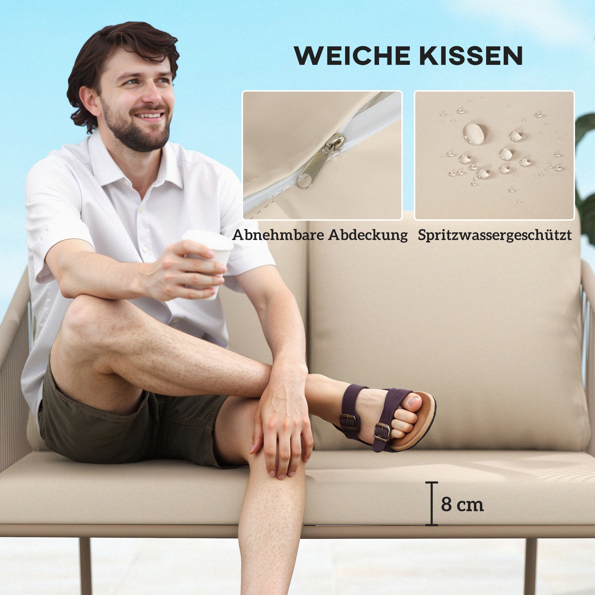 2-Sitzer Rattansofa  mit Kissen Loungesofa Sitzgruppe, Wetterfest Couch Beige