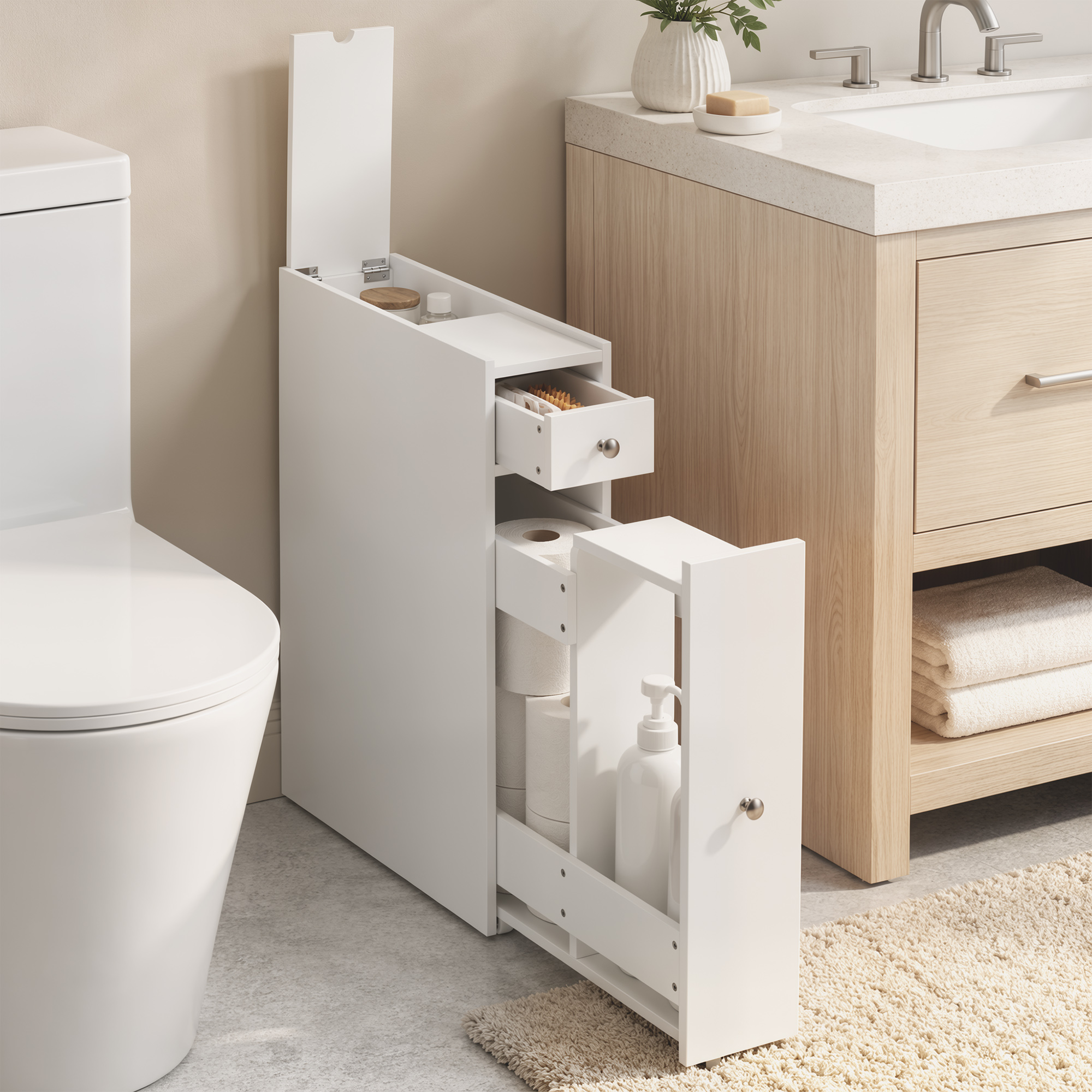 schmaler Badezimmerschrank, Badschrank stehend mit 2 Schubladen, Weiß