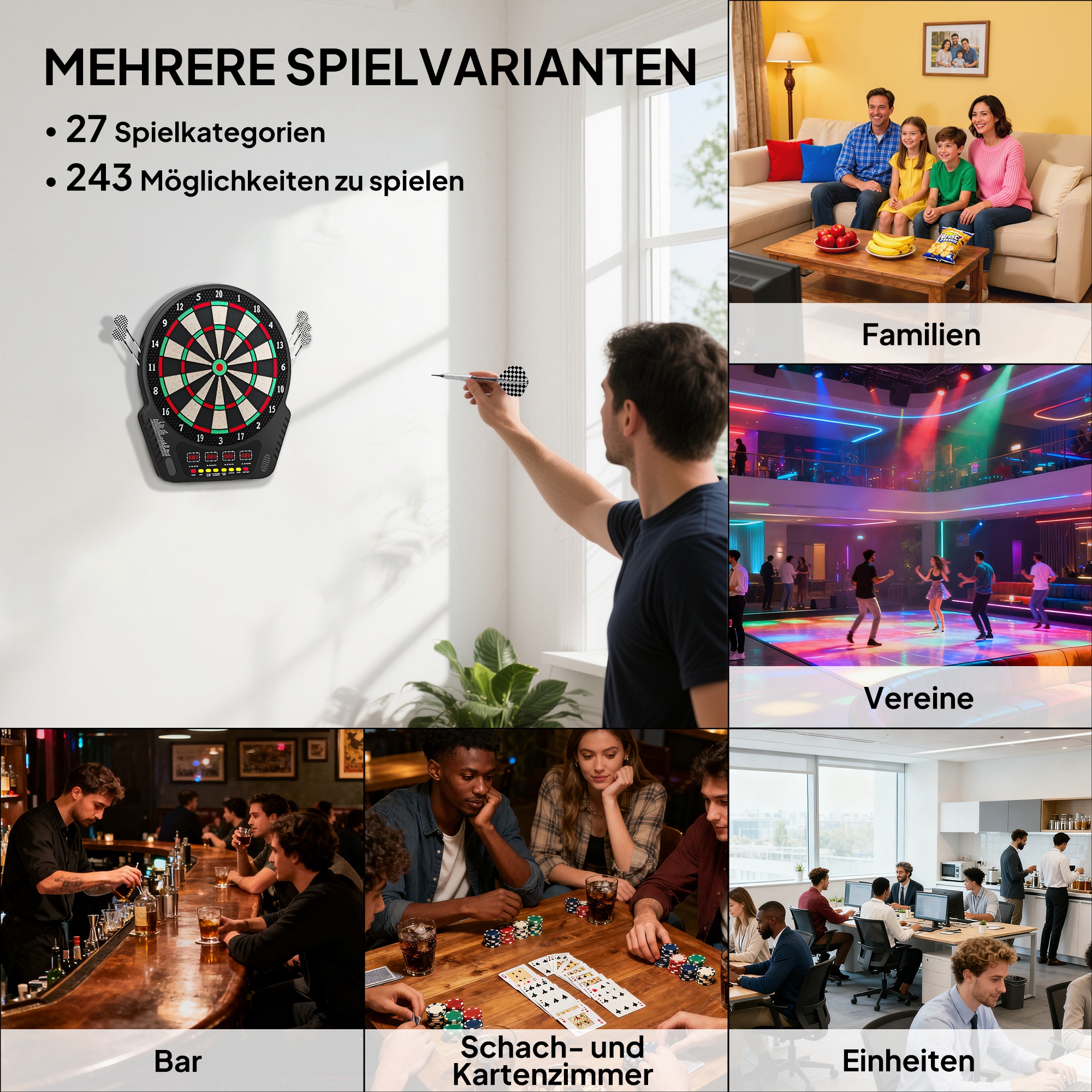 elektronische Dartscheibe Dartboard Dart-set mit LED Anzeige mit automatischer Wertung Soundeffekte 6 Darts 24 Dartköpfe 27 Spiele und 243 Trefferoptionen für 16 Spieler 44 x 51,5 x 3,2 cm