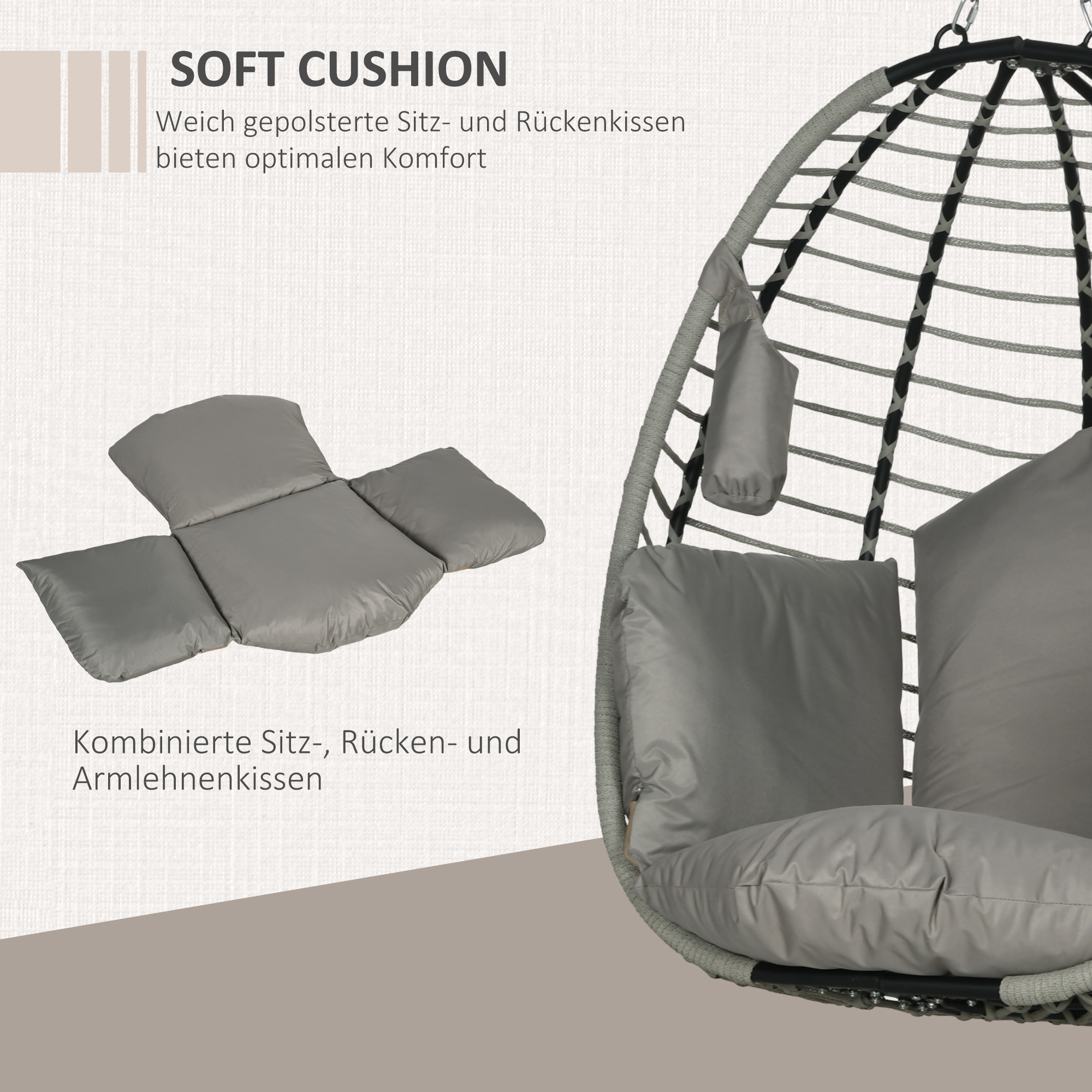 Hängesessel, Sitz- und Rückenkissen, faltbarer Sitzkorb, Becherhalter, Metallgestell, Grau