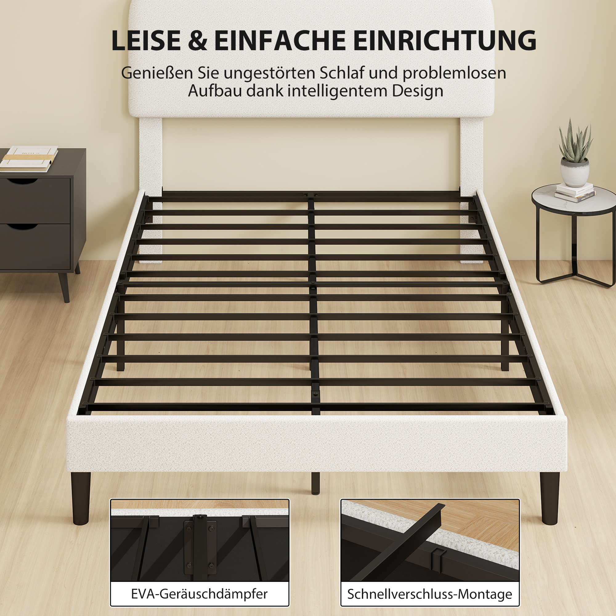 Einzelbettgestell mit Teddy-Fleece-gepolstertem Kopfteil, Metallbettgestell, einfache Montage, Weiß