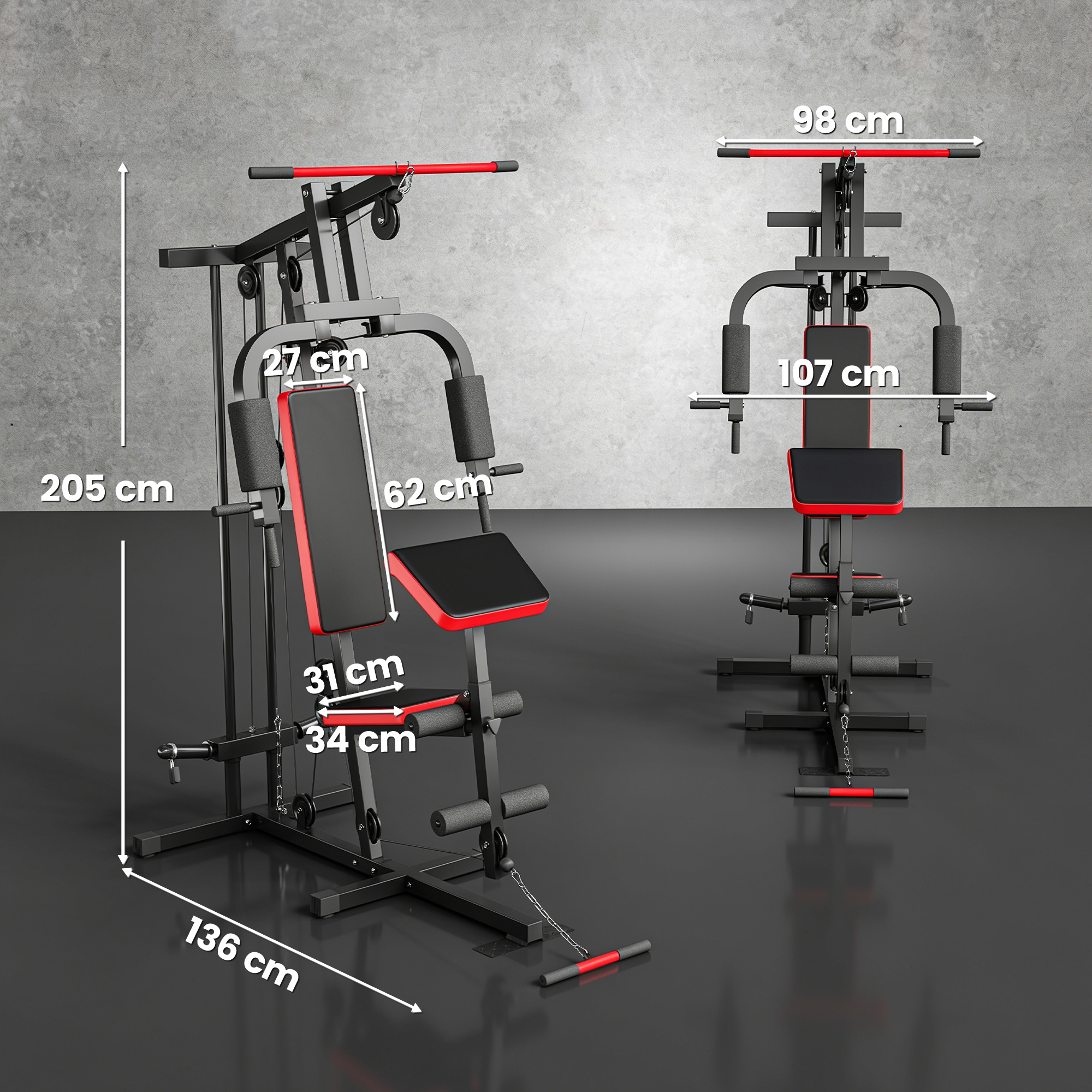 Kraftstation Fitnessstation mit Latzug, Butterflystange, verstellbar Preacher Bank, Beintrainer, bis 120kg Schwarz+Rot