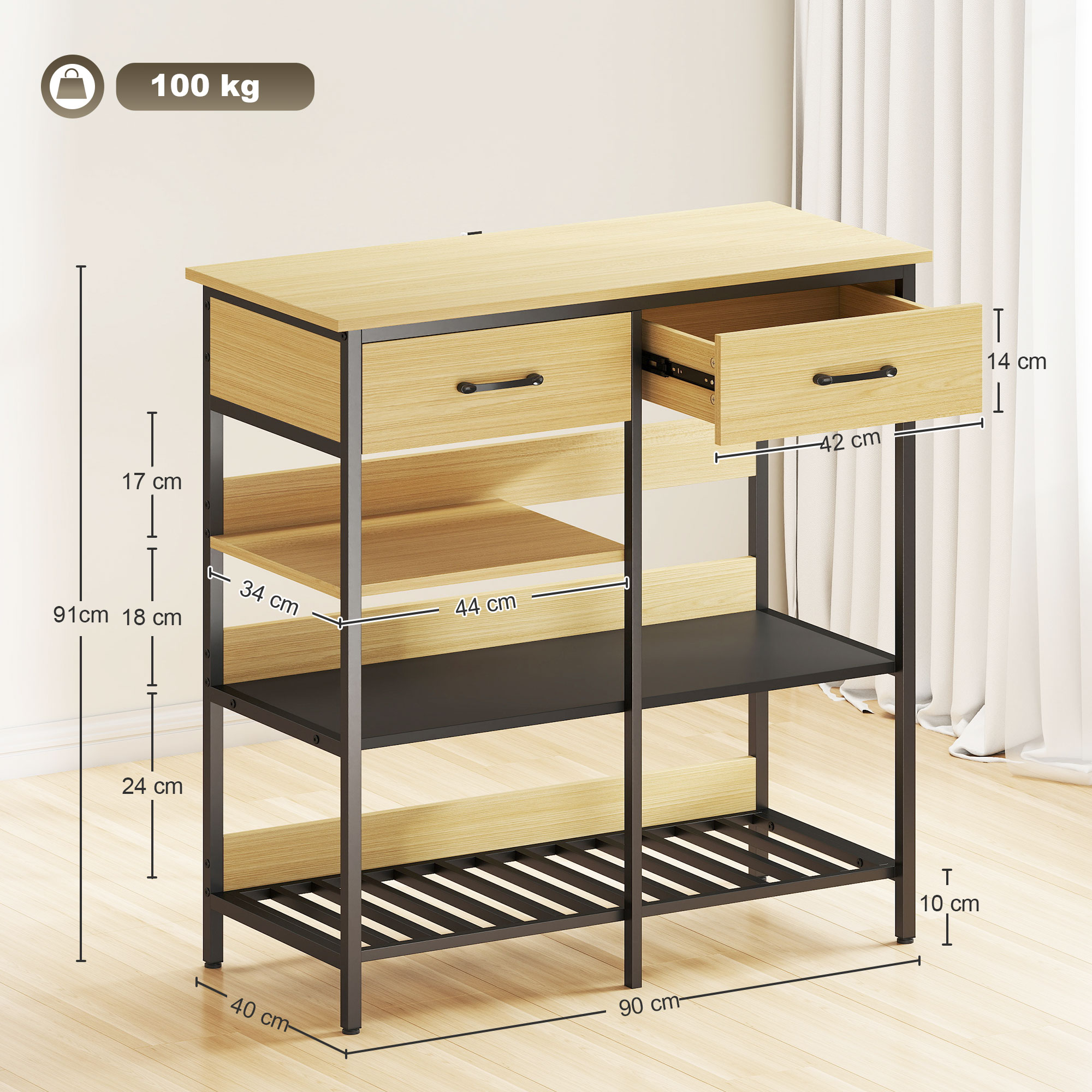Sideboard, Kommode mit 2 Schubladen, 3 offenen Regalen Küchenschrankfür Küche, Wohnzimmer 90 x 40 x 91 cm, Naturholz
