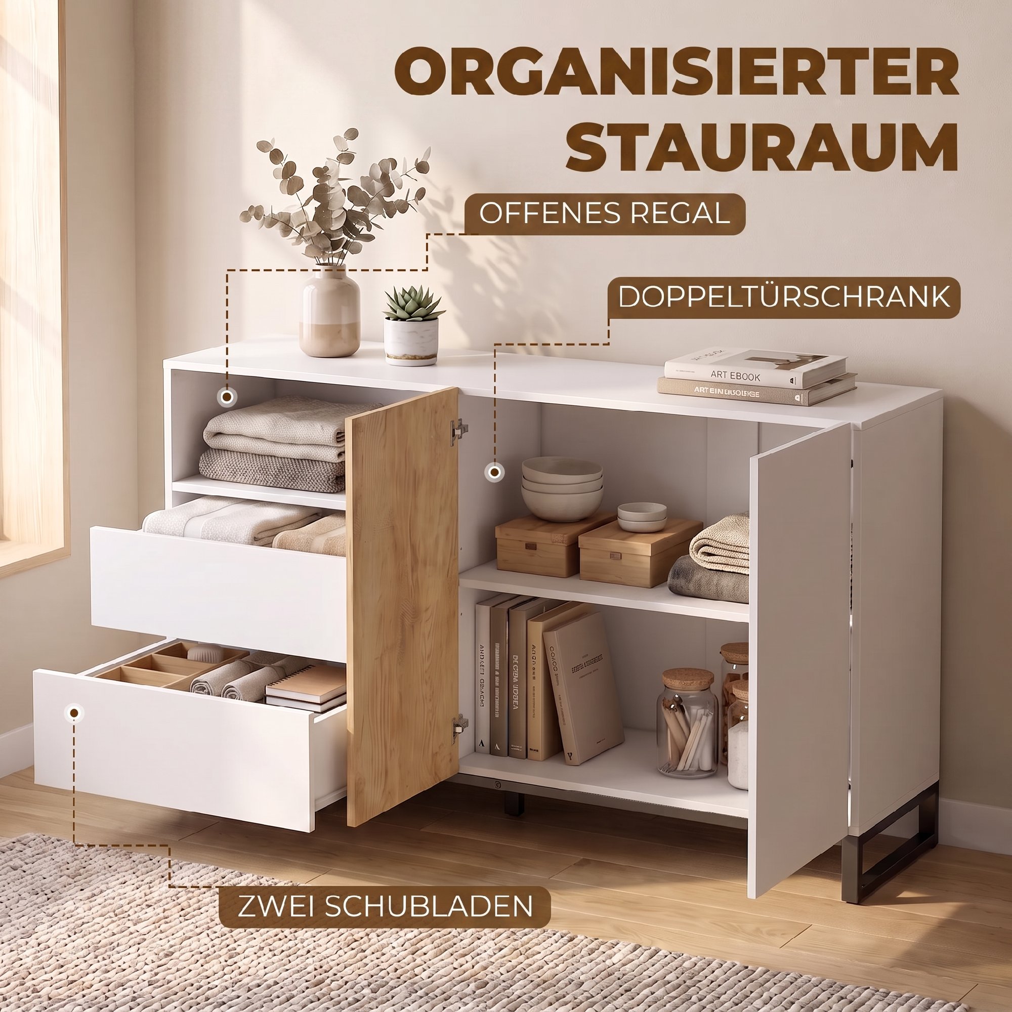 Sideboard Moderner Aufbewahrungsschrank mit 2 Soft-Close-Türen und 2 Schubladen 140x40x85 cm, Weiß
