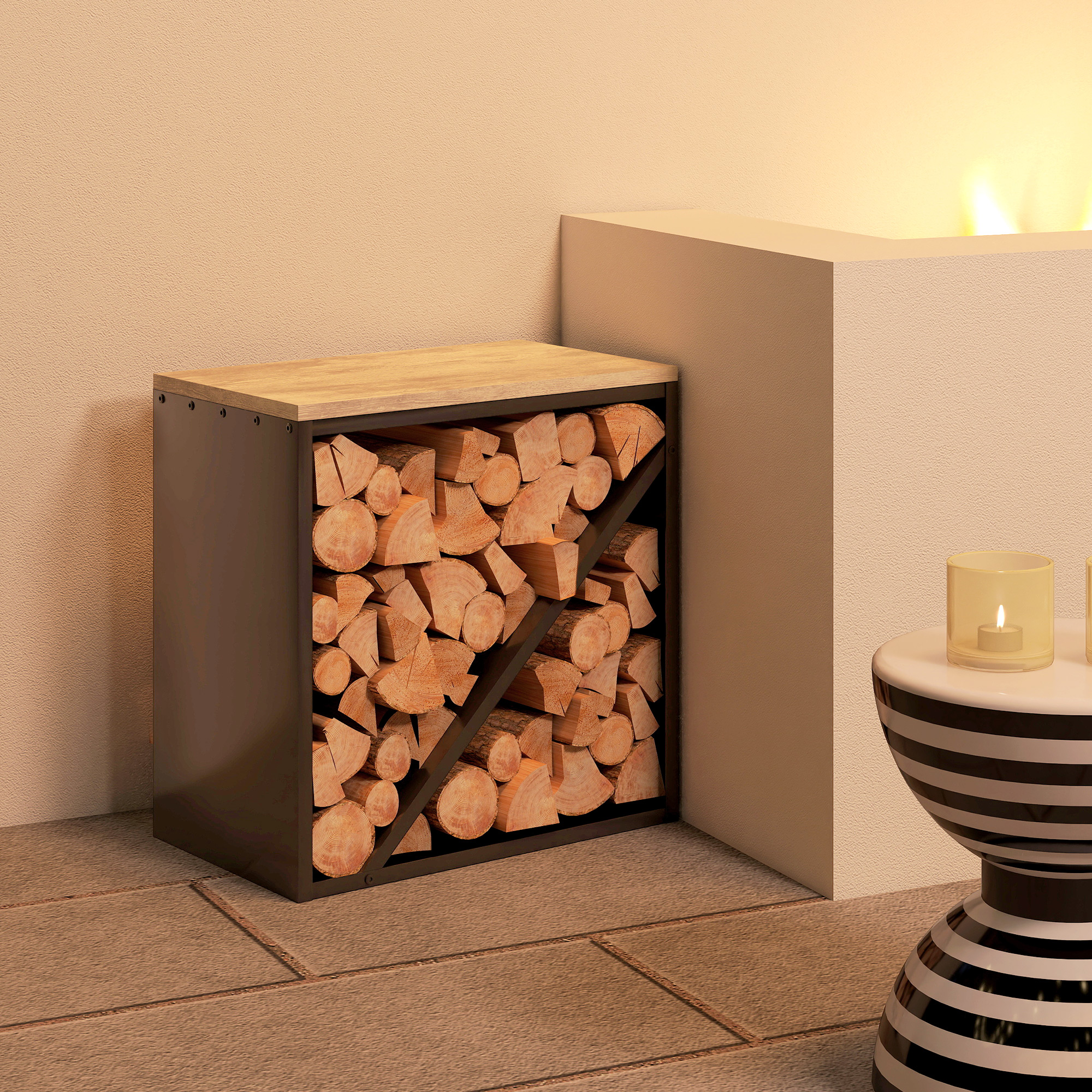 2-in-1 Kaminholzregal für innen 58 x 36 x 60cm erhöhtes Brennholzregal mit Trenner Metall Schwarz