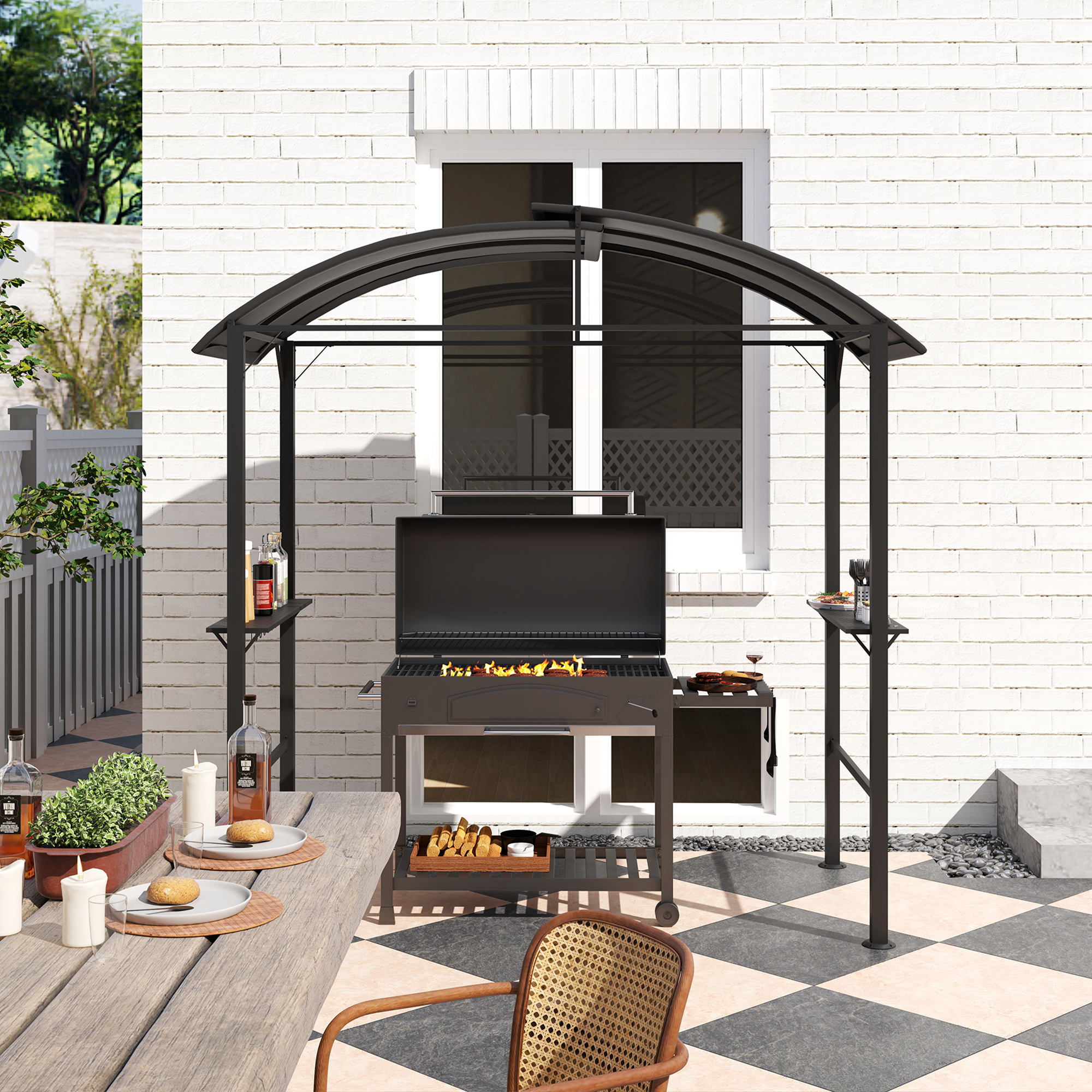 Grillpavillon, 2 Seitenablagen, Haken, Stahlrahmen, 1,1 x 2,3m, Dunkelgrau