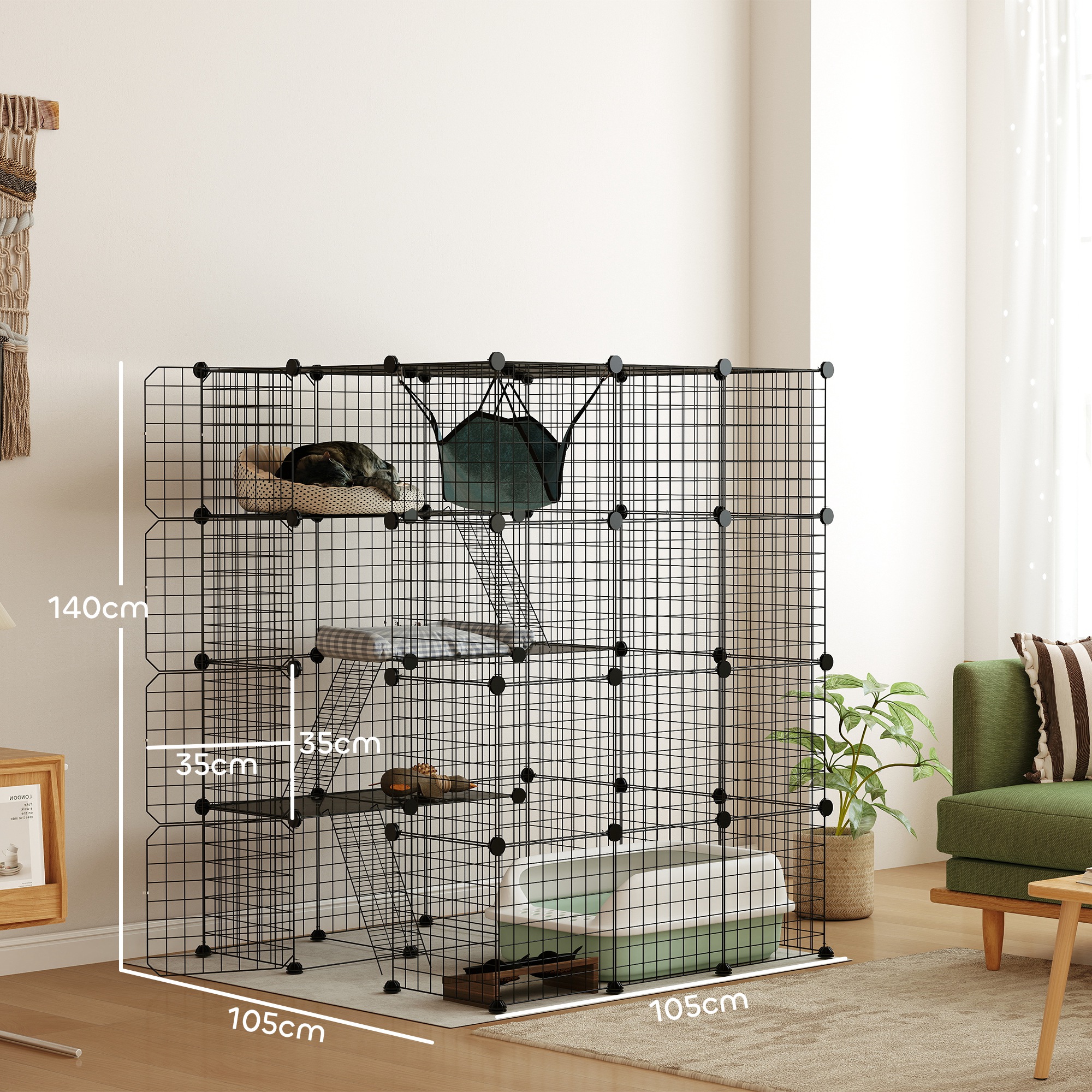 Katzenkäfig für Drinnen 4-stöckig DIY-Katzengehege mit dichtem Metalldraht Hängematte Rampe Türen Sprungplattformen