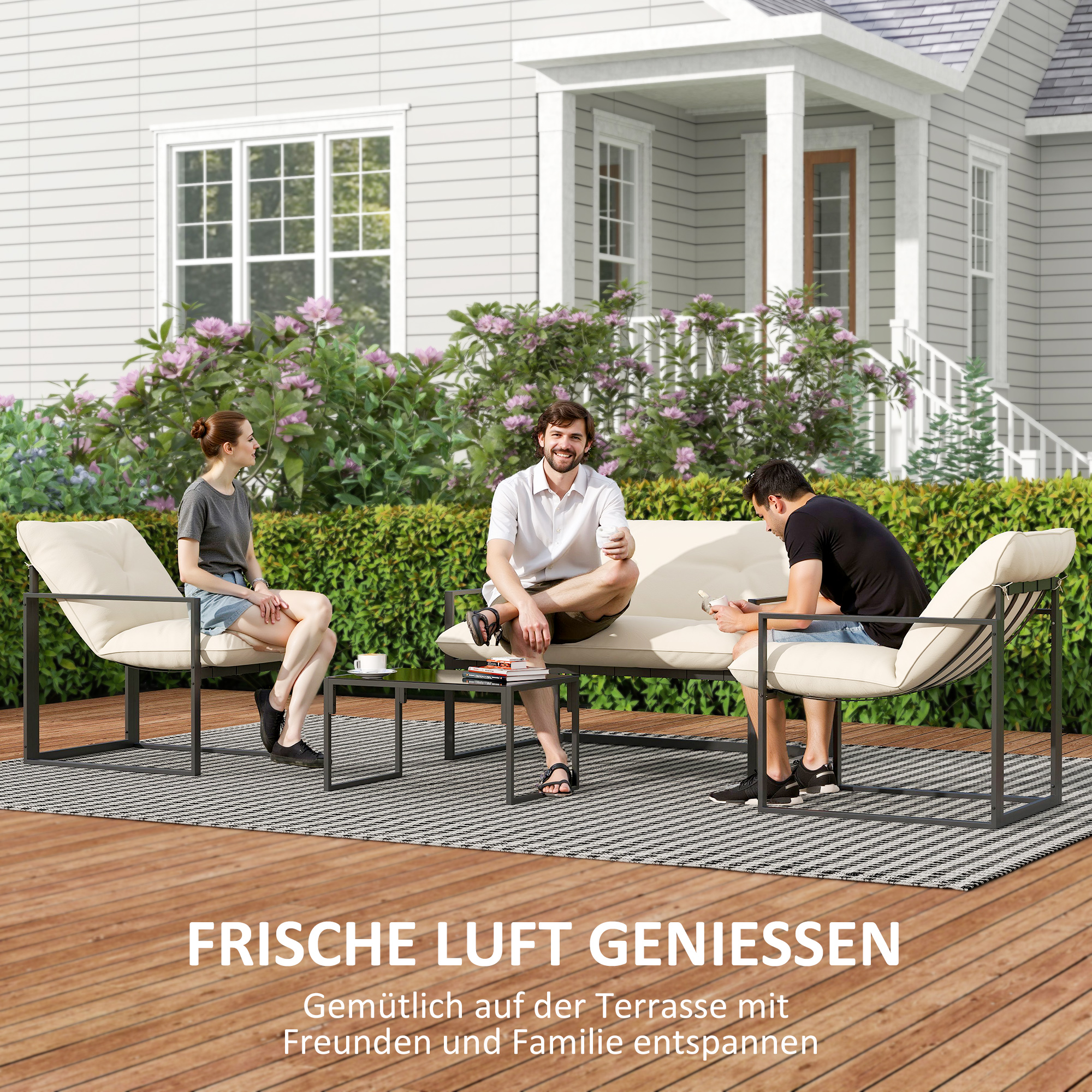 Gartenmöbel-Set, 1 Glastisch, 2 Sessel. 1 Sofa, wetterbeständig,114 cm x 70 cm x 67 cm, Grau+Beige