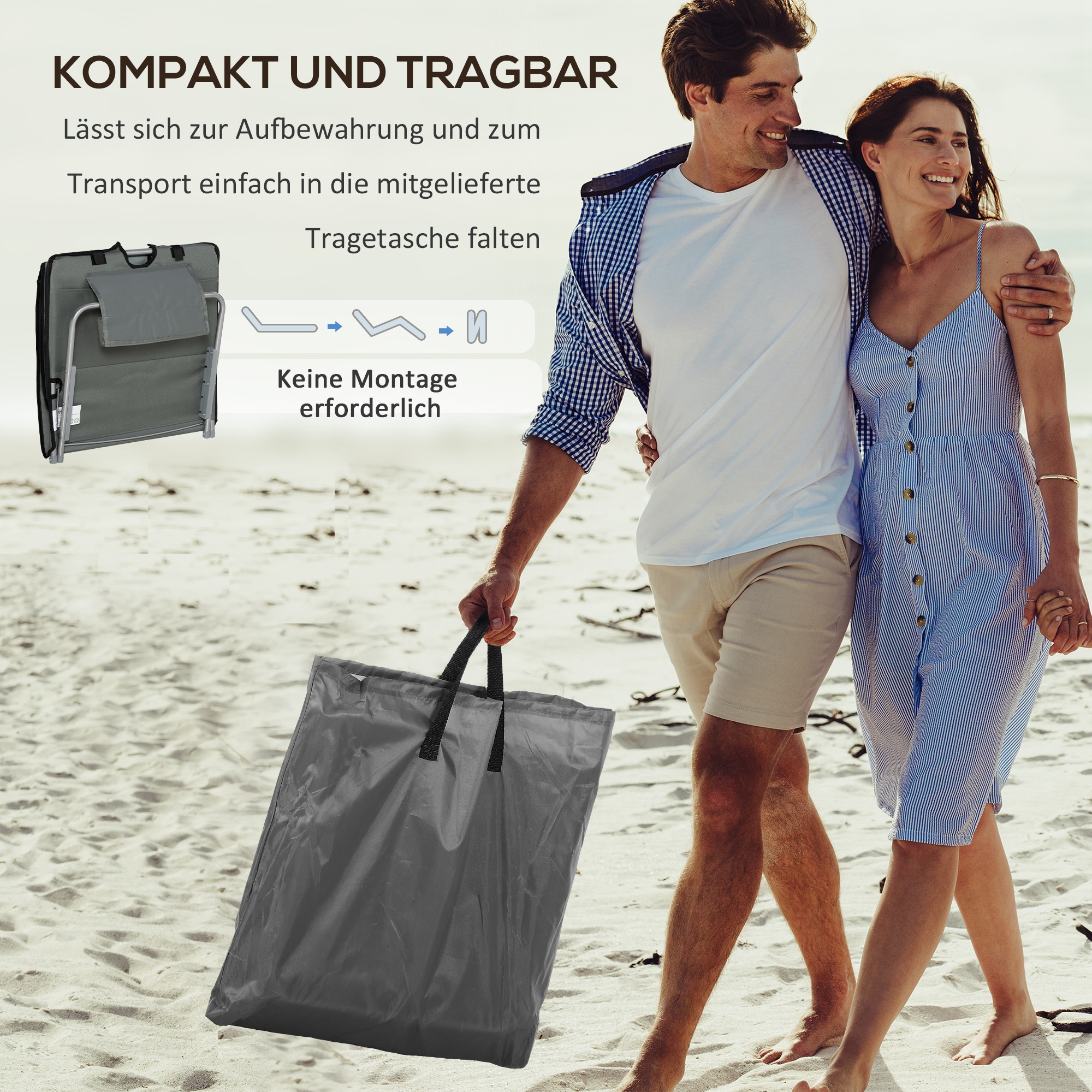 2er-Set Strandmatte, verstellbar, faltbar, 124L x 53B x 37-50H cm, Grau