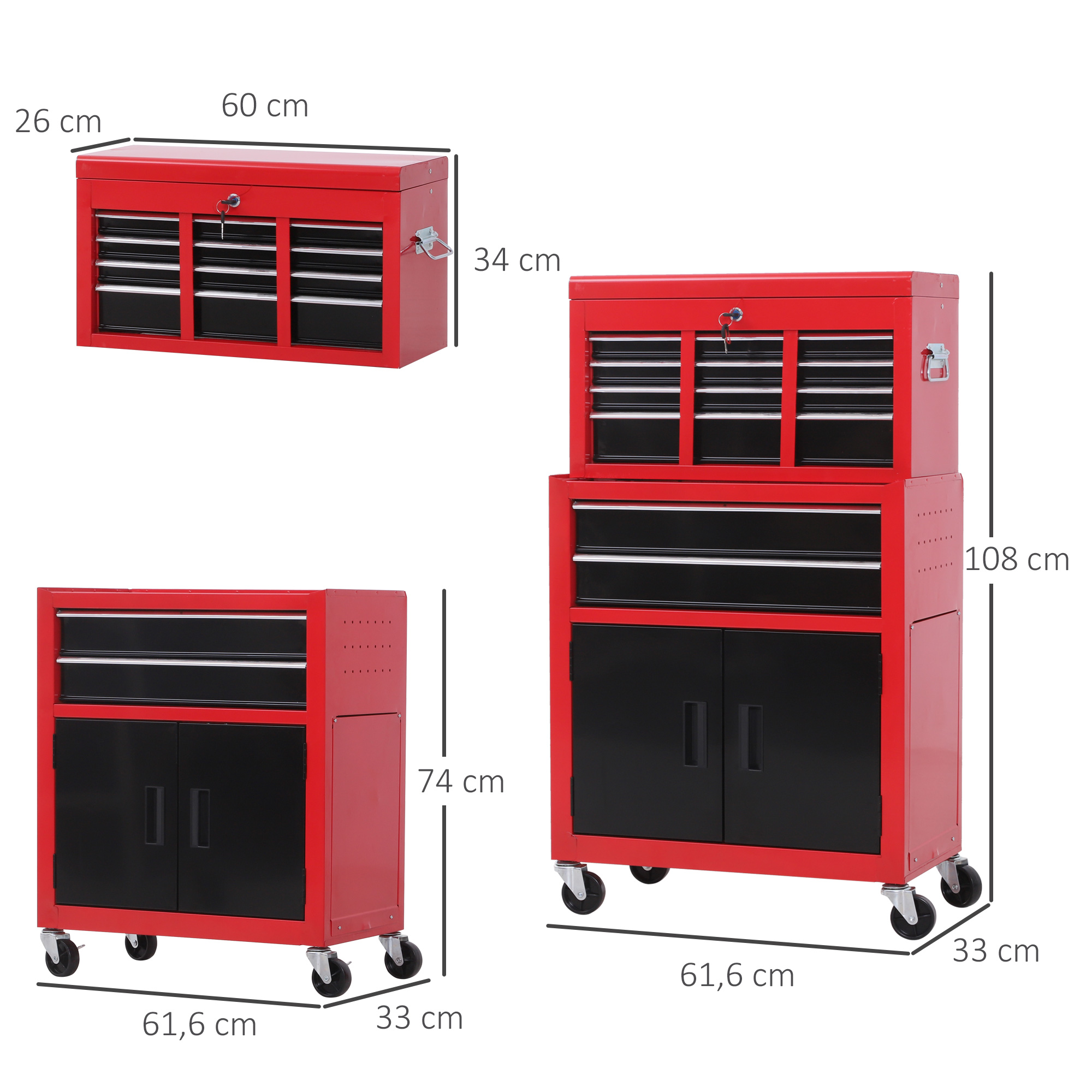Werkzeugschrank mit Werkzeugkiste, rollbar, 6 Schubladen, Metall, Rot