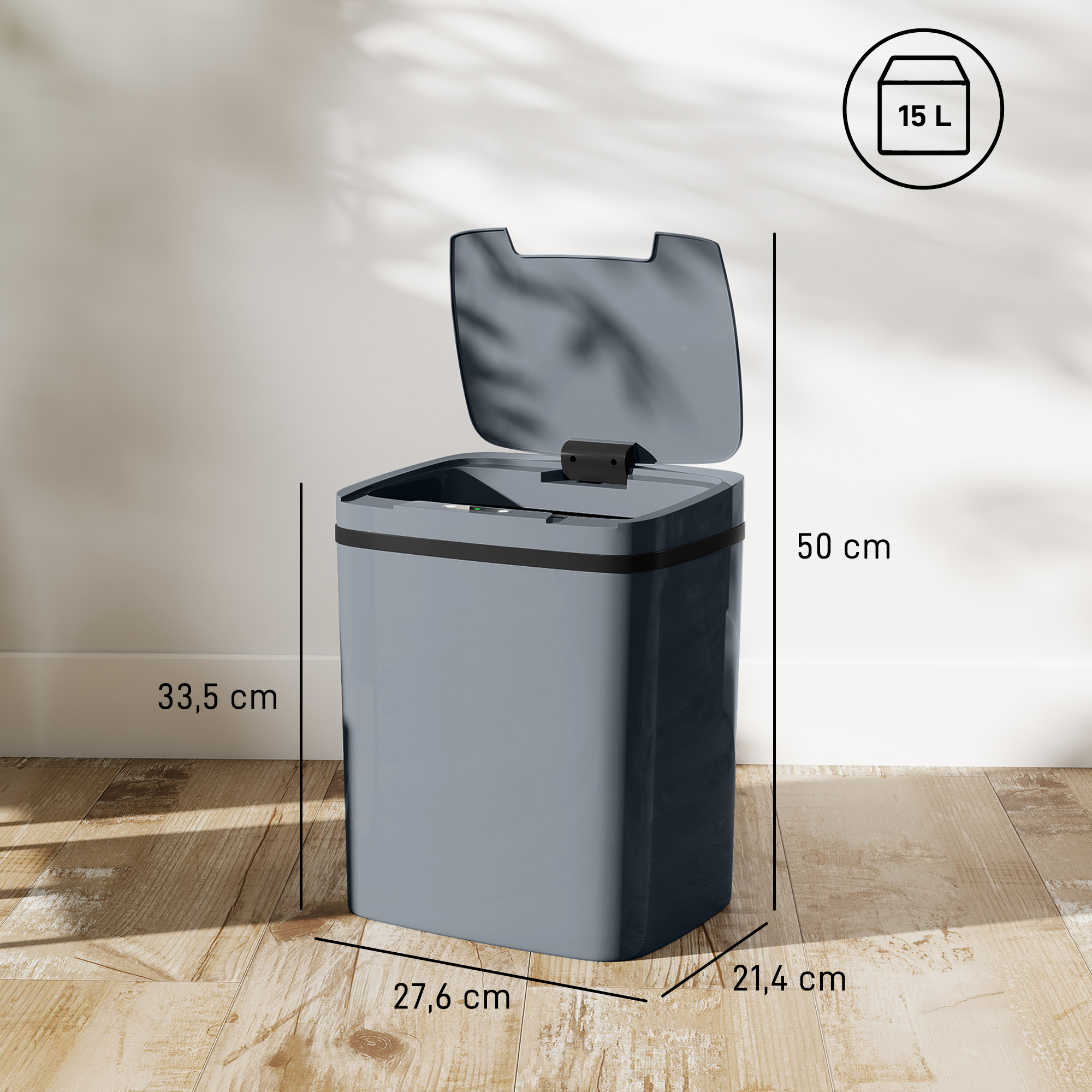 Sensor Mülleimer 15l Automatischer Mülleimer mit zwei Öffnungsmodi, für Büro, Küchen, 27,6 x 21,4 x 33,5 cm, Grau
