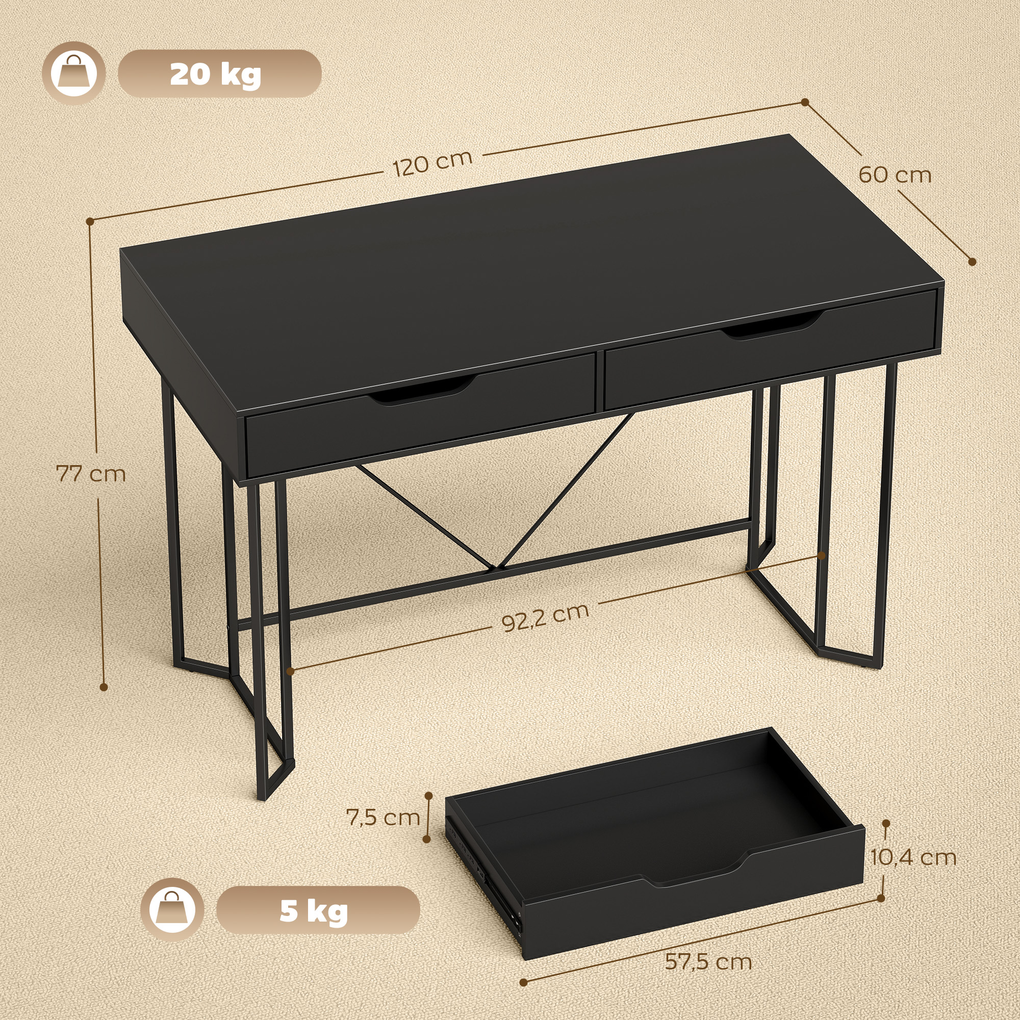 Kleiner Computertisch mit 2 Schubladen, Schreibtisch mit großer Arbeitsfläche 120 x 60 x 77 cm Schwarz
