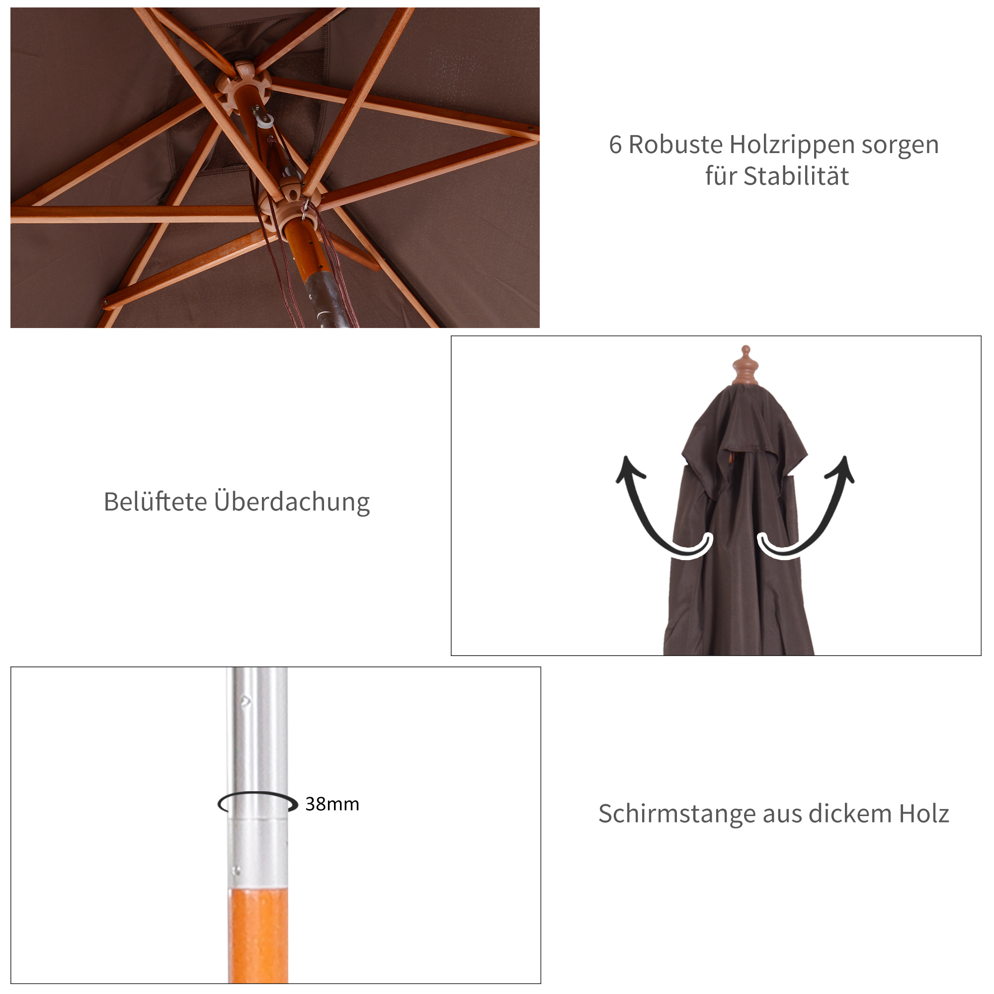 Sonnenschirm 200 x 150 x 235 cm Knickbarer Gartenschirm 3-stufig einstellbar rechteckig Strandschirm wasserabweisend und UV-beständig für Strand Balkon Terrasse Garten Kaffee