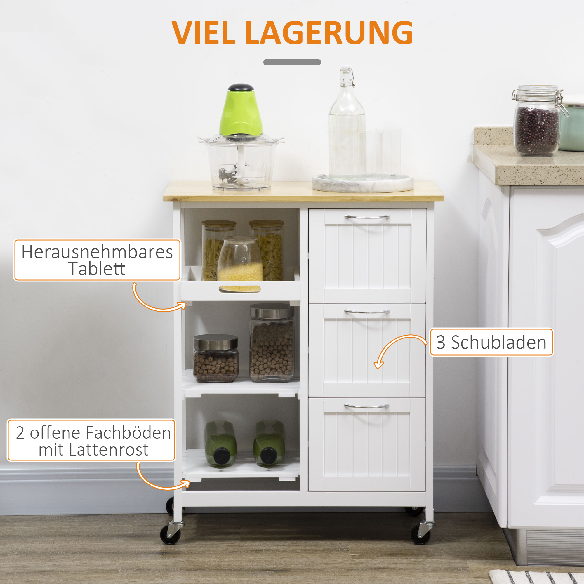 Küchenwagen im Landhausstil Kücheninsel Küchentrolley mit 3 Schubladen, Weiß