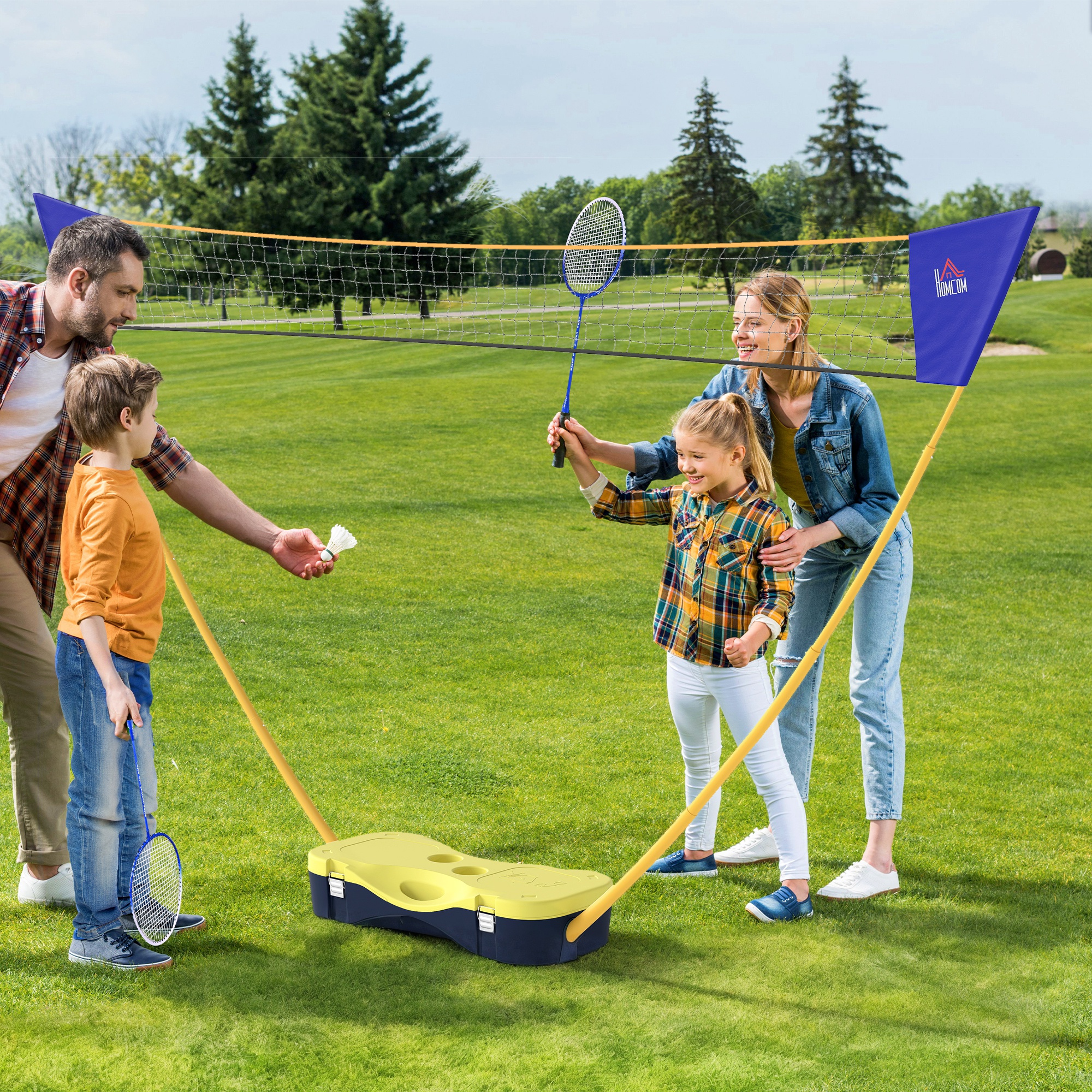 Badminton Netz mit Stand, Badminton-Netzständer, tragbarer Netzständer, Badmintonnetz mit 4 Badminton-Schlägern, Outdoor-Sport, Gelb+Blau, 286 x 33 x 157 cm