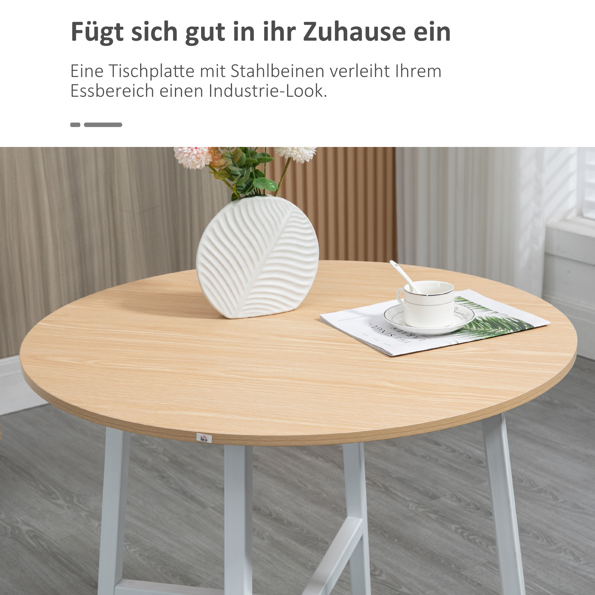 Esstisch, industrieller Stil, abgerundetes Design, stabil bis 60 kg, Ø80 x 76H cm, Naturholz/Weiß