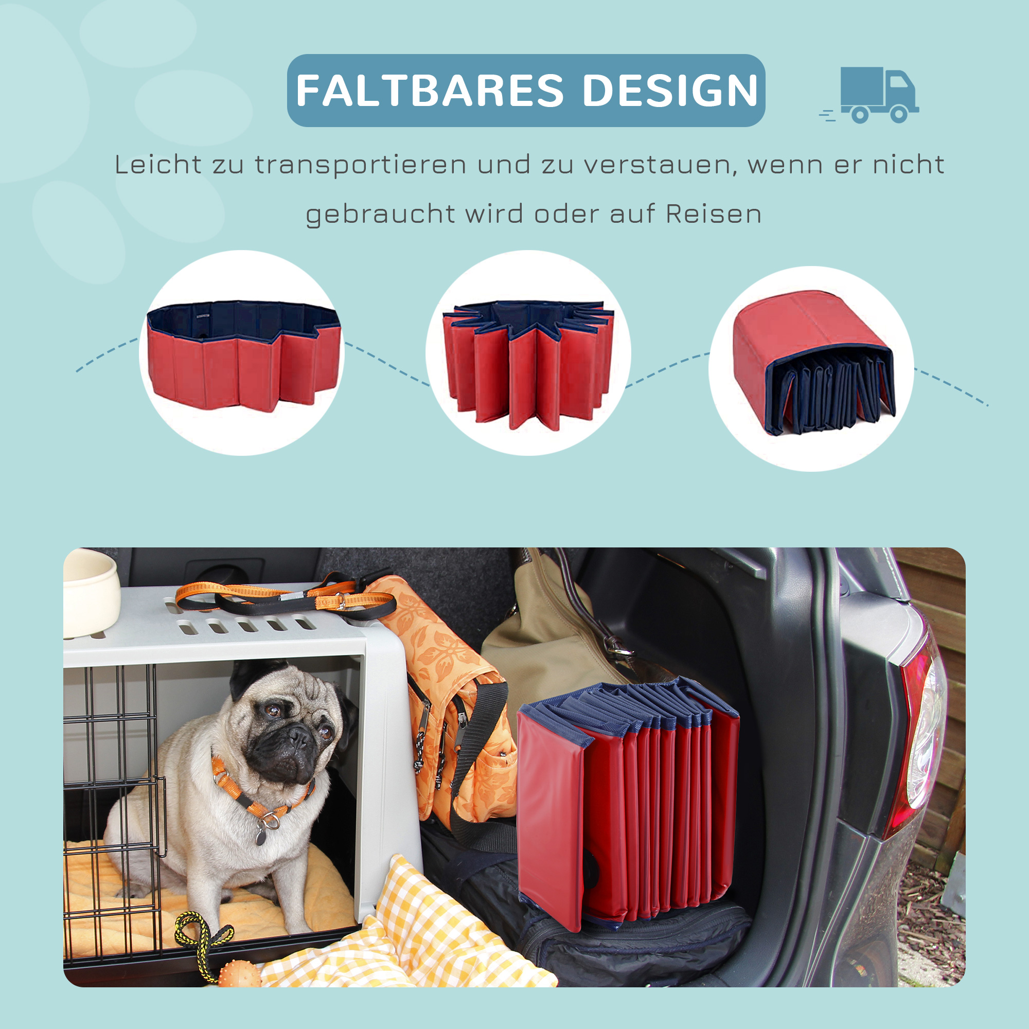 Hundebadewanne faltbar Badewanne Hundepool Plantschbecken Swimmingpool Wasserbecken für Hunde und Katzen Schwimmbecken Kunststoff+Holz Rot Ø160 x 30H cm