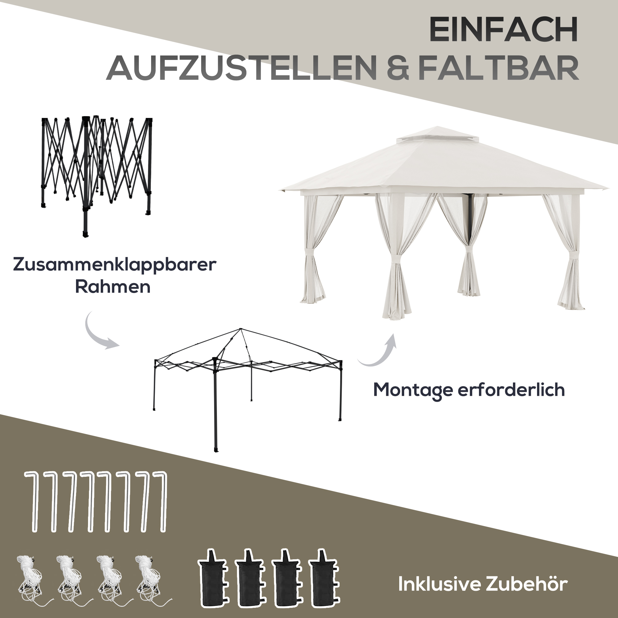 Faltpavillon, höhenverstellbar, 4 Netzwände, Lüftungsdach, Tragetasche, Schnellaufbau, 4 x 4 x 3 m, Cremeweiß