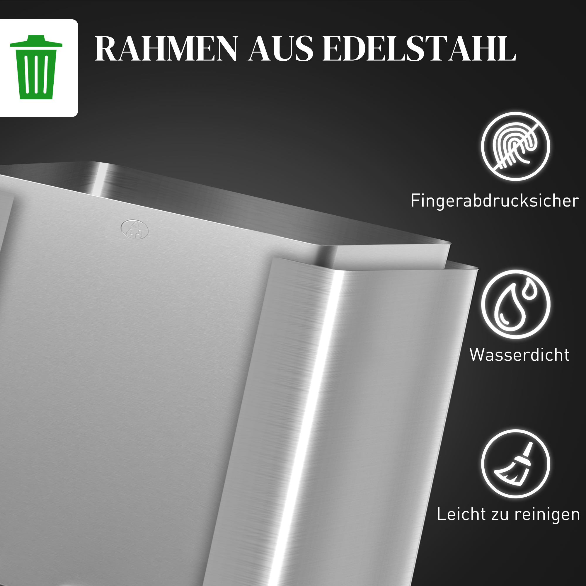Mülleimer mit 3 x 20l Fächern, Deodorant-Deckel, fingerabdrucksicher, Soft-Close, herausnehmbar, Silber