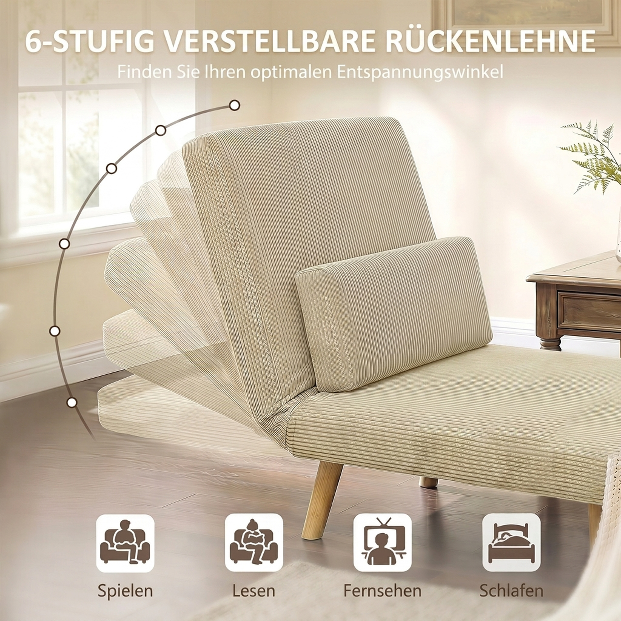 Schlafsessel 3-in-1, ausklappbarer Sessel aus Cord mit Schlaffunktion verstellbare Rückenlehne, Kissen, Beige