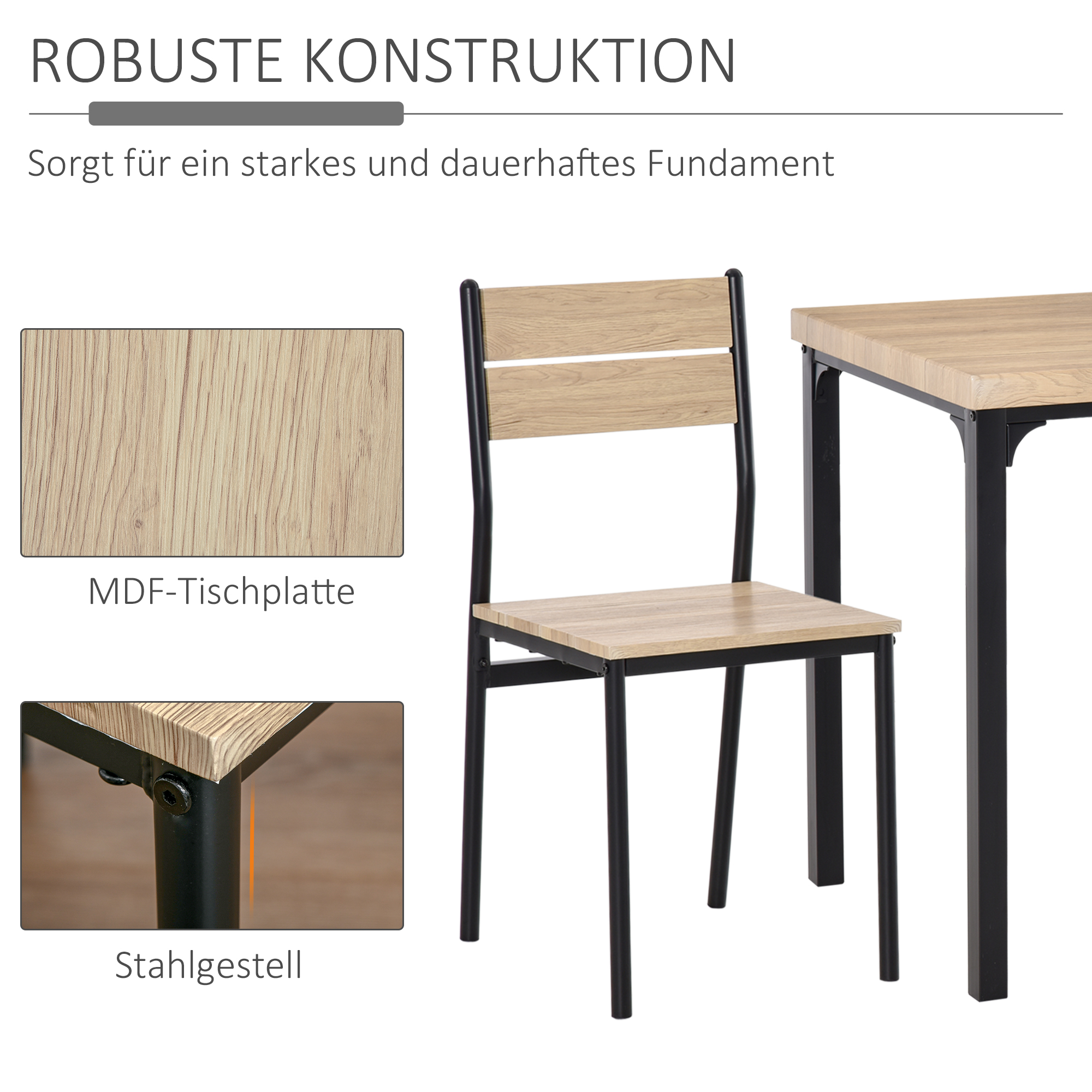 3-teilige Esstisch Küchentisch mit Stühlen Set Naturholzmaserung + Schwarz mit 1 Tisch + 2 Stühlen