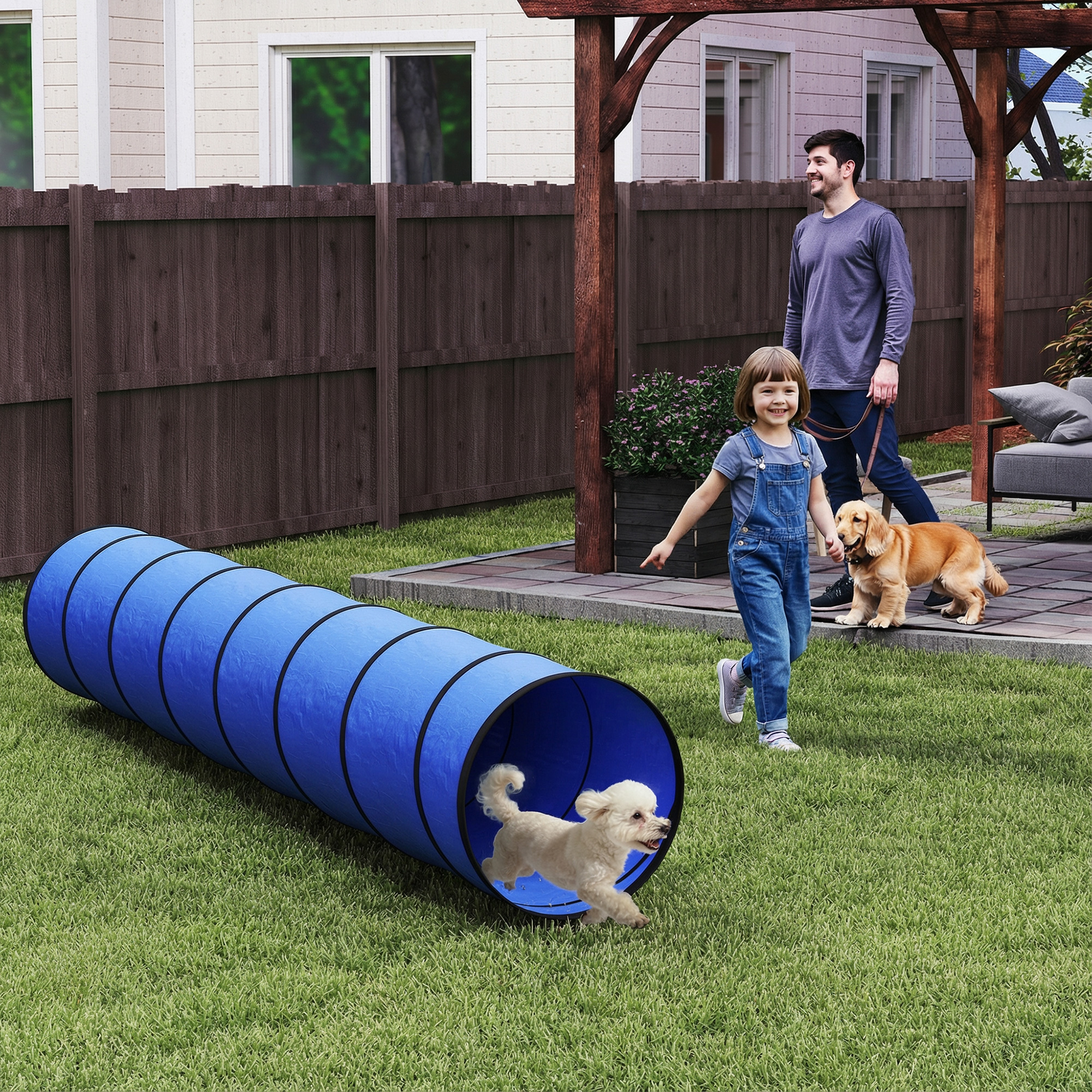 Hunde Agility Tunnel 300 x 50 cm Hundetunnel mit 4 Bodenankern Tragetasche Spieltunnel für kleine mittelgroße Hunde Blau