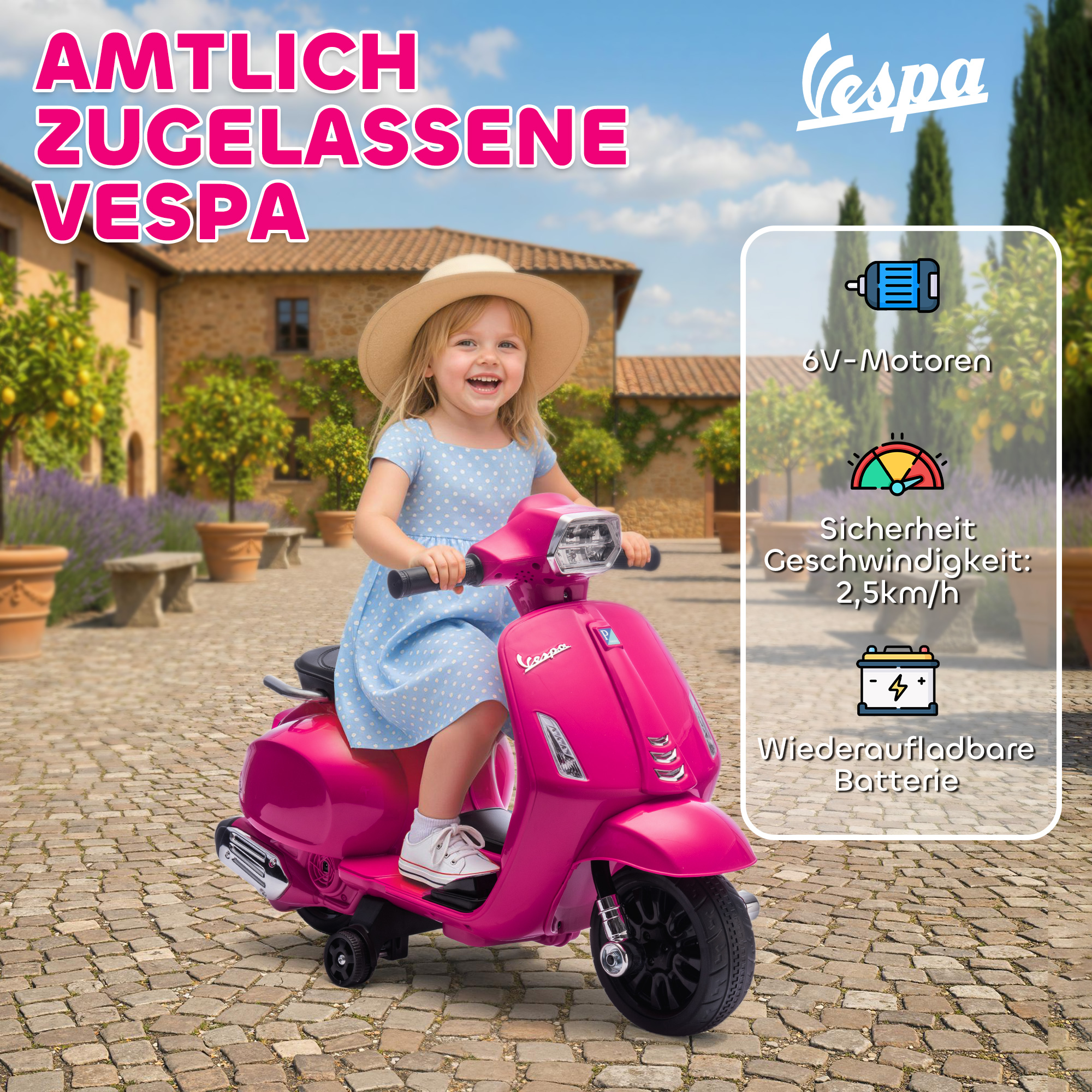 Elektro-Motorrad Kinder Vespa 6V Elektromotorrad mit Stützrädern, Scheinwerfer, Hupe für 2-6 Jahre 71 x 37 x 52 cm Rosa
