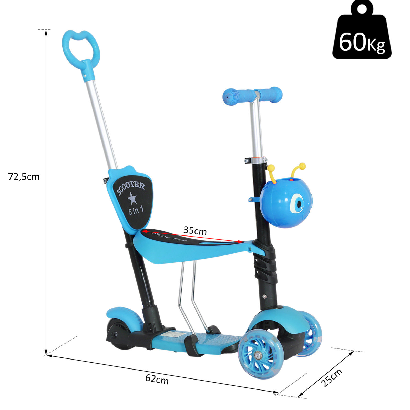 5-in-1 Kinderroller Scooter Tretroller Cityroller Kinder Roller Kickboard Lenker Teleskoprohr höhenverstellbar Blau 62 x 25 x 72,5 cm