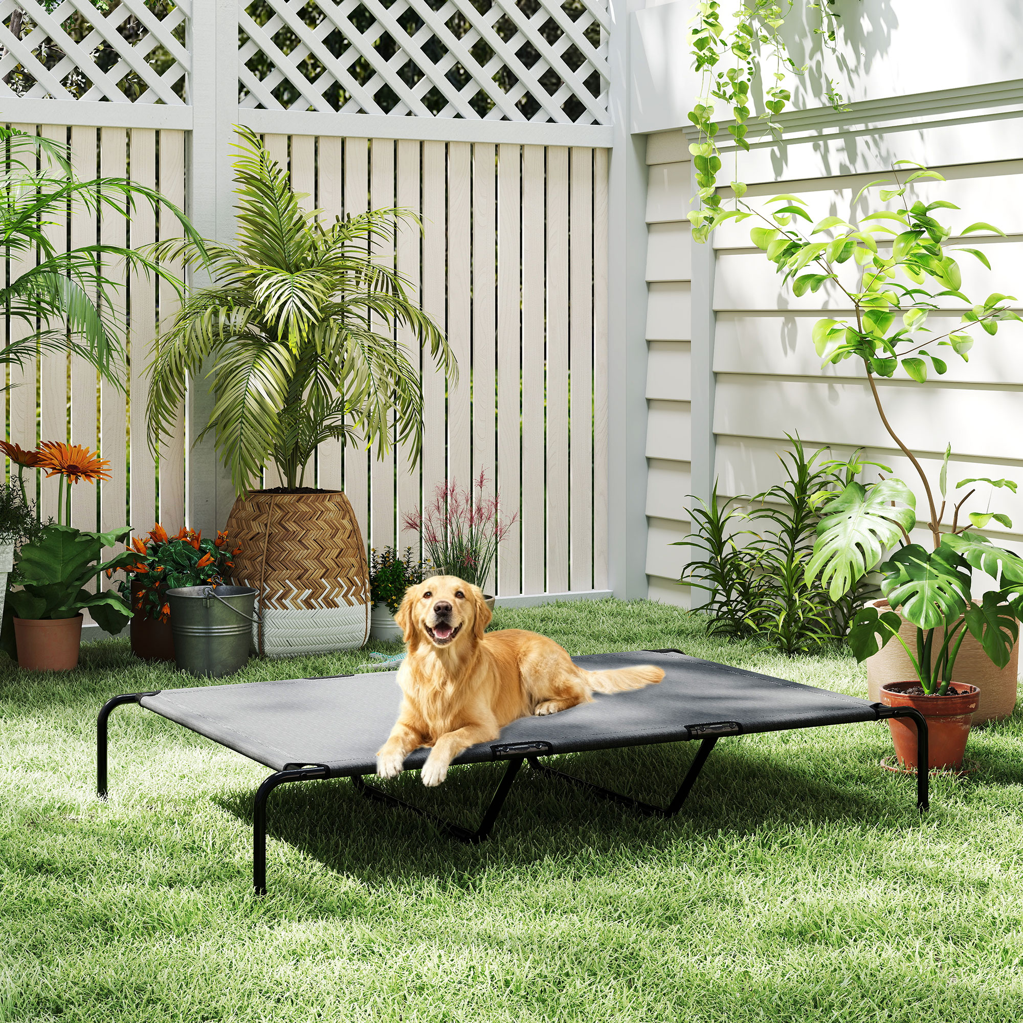 Hundeliege Outdoor, Erhöhtes Hundebett für große Hunde, mit Waschbares Mesh Stahlrahmen, 152 x 94 x 23 cm, Grau