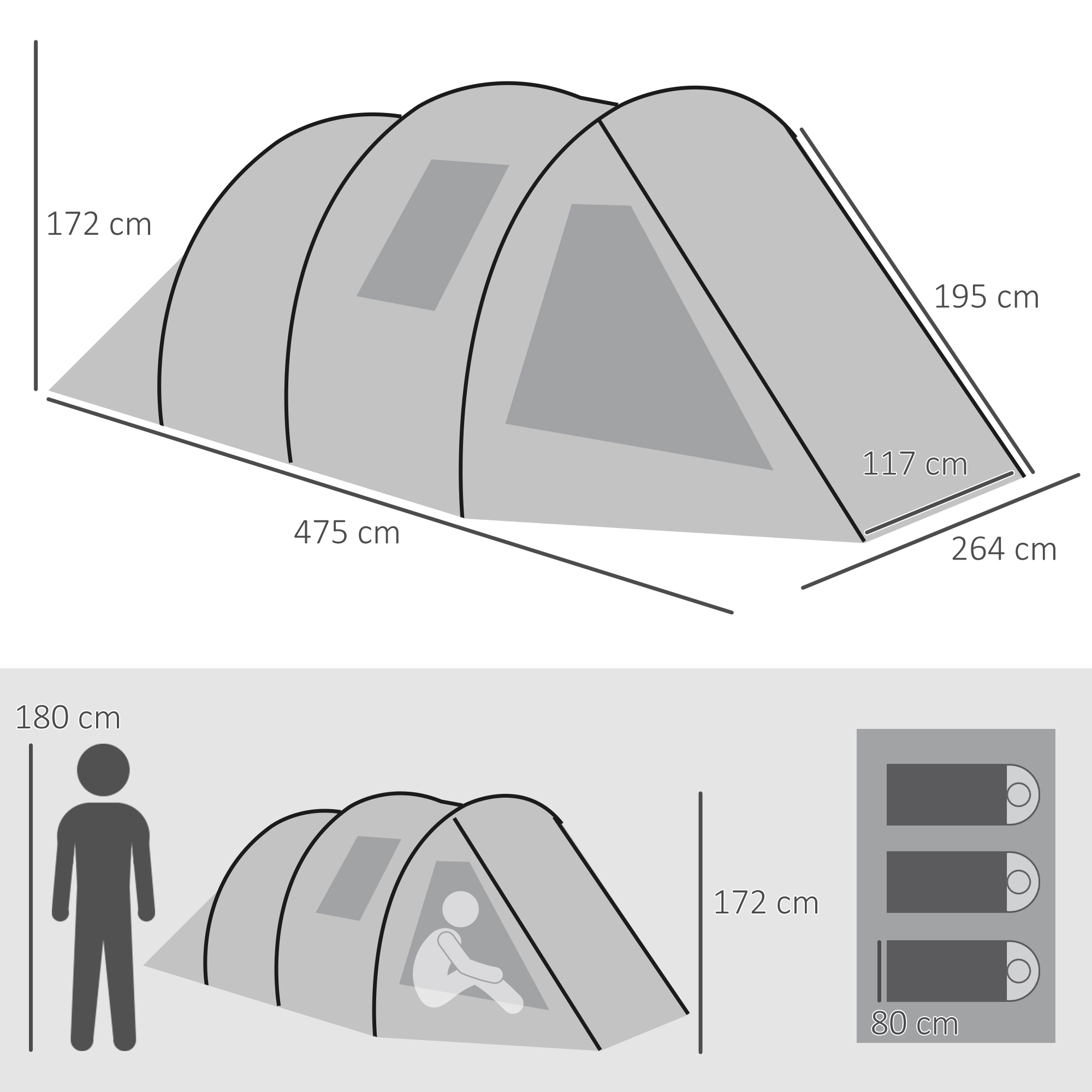 Campingzelt für 3-4 Personen, zwei Innenräume, Netzfenster, grün, 4,75 x 2,64 x 1,72 m
