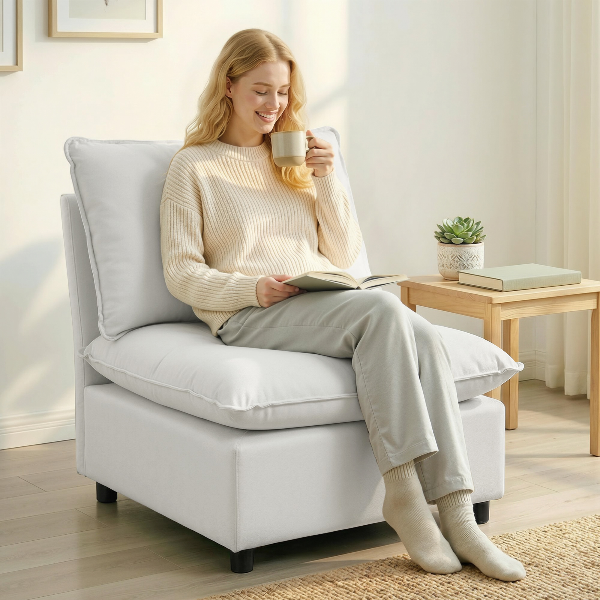 Akzentstuhl, Moderner Leathaire-Stuhl mit Breiter und Tiefer Sitzfläche, Dicke Polster, Einfache Montage, Grau