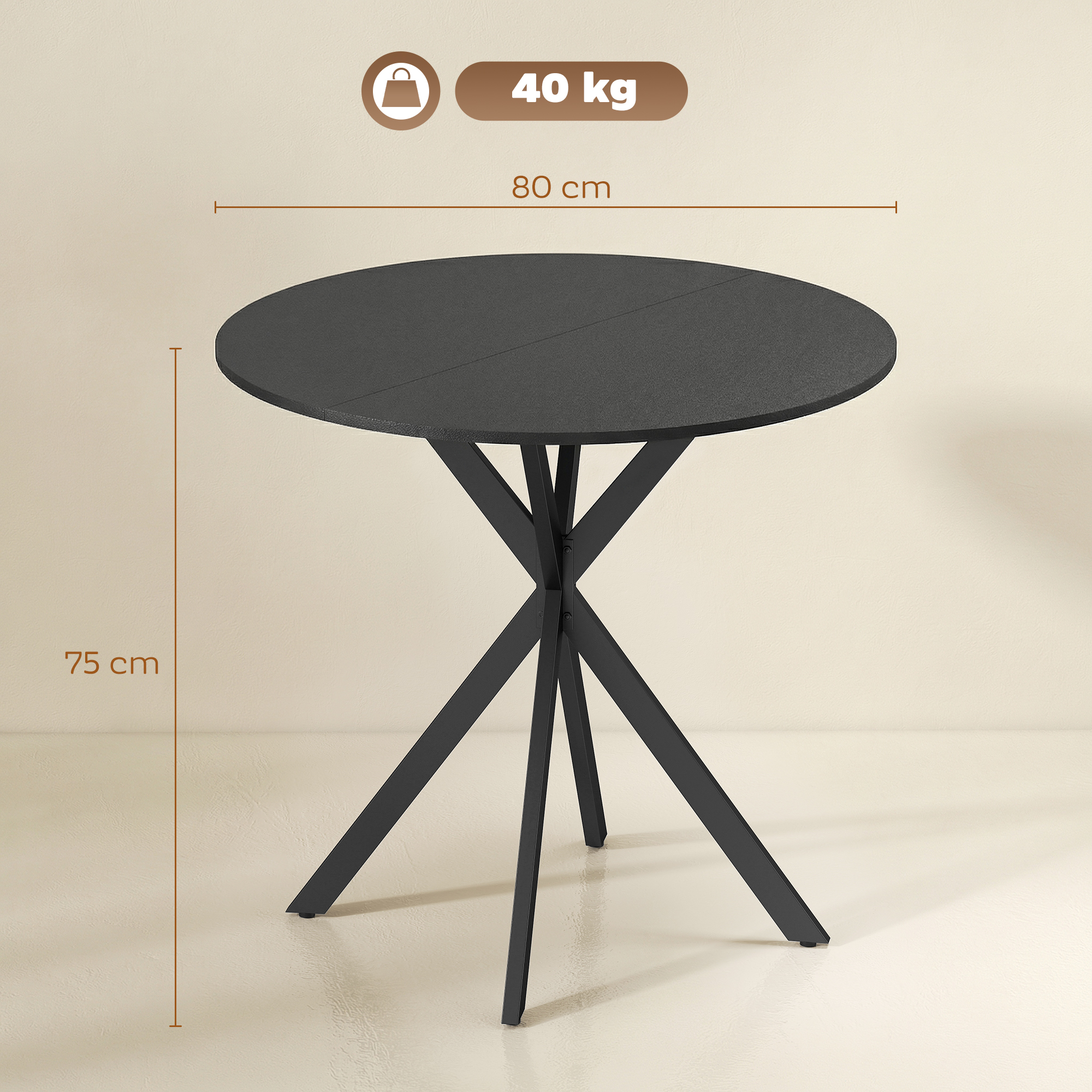 Runder Küchentisch, 80 cm, kompakte Tischplatte, Spanplatte, Metall, Schwarz