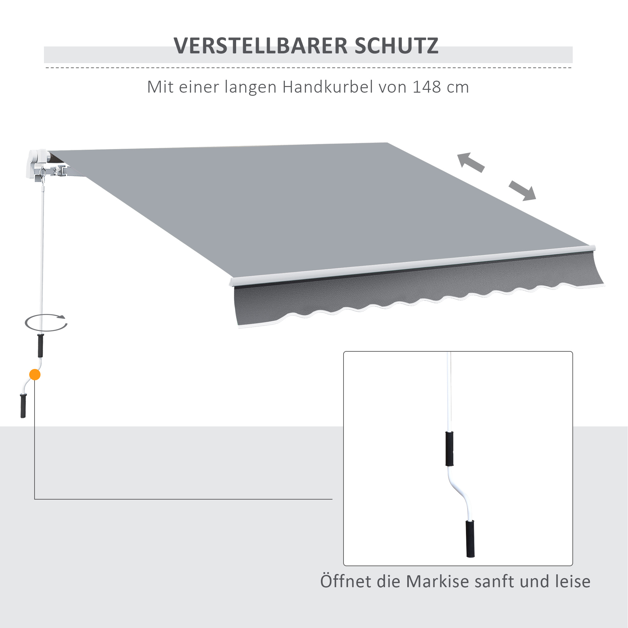 Markise, 3,95 x 2,45 m, Sonnenschutz, einfahrbar, mit Handkurbel, Metallrahmen, Polyester, Grau/Weiß