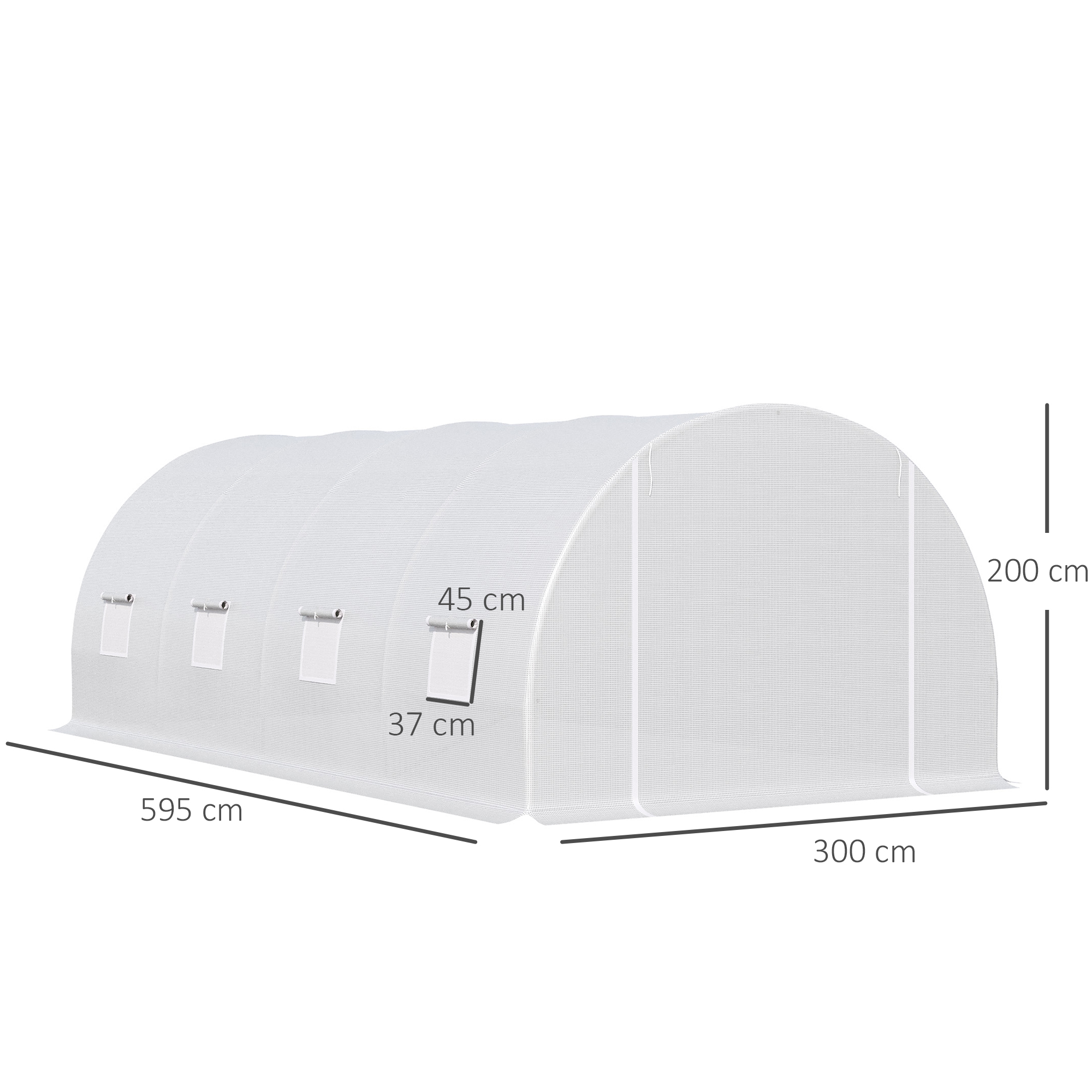 Gewächshaus 595x300x200cm Foliengewächshaus Tomatenhaus mit Tür, Fenster, Folientunnel aus verzinktem Stahl, Pflanztunnel, Treibhaus inkl. Erdanker Seilen, Gartentunnel, Weiß