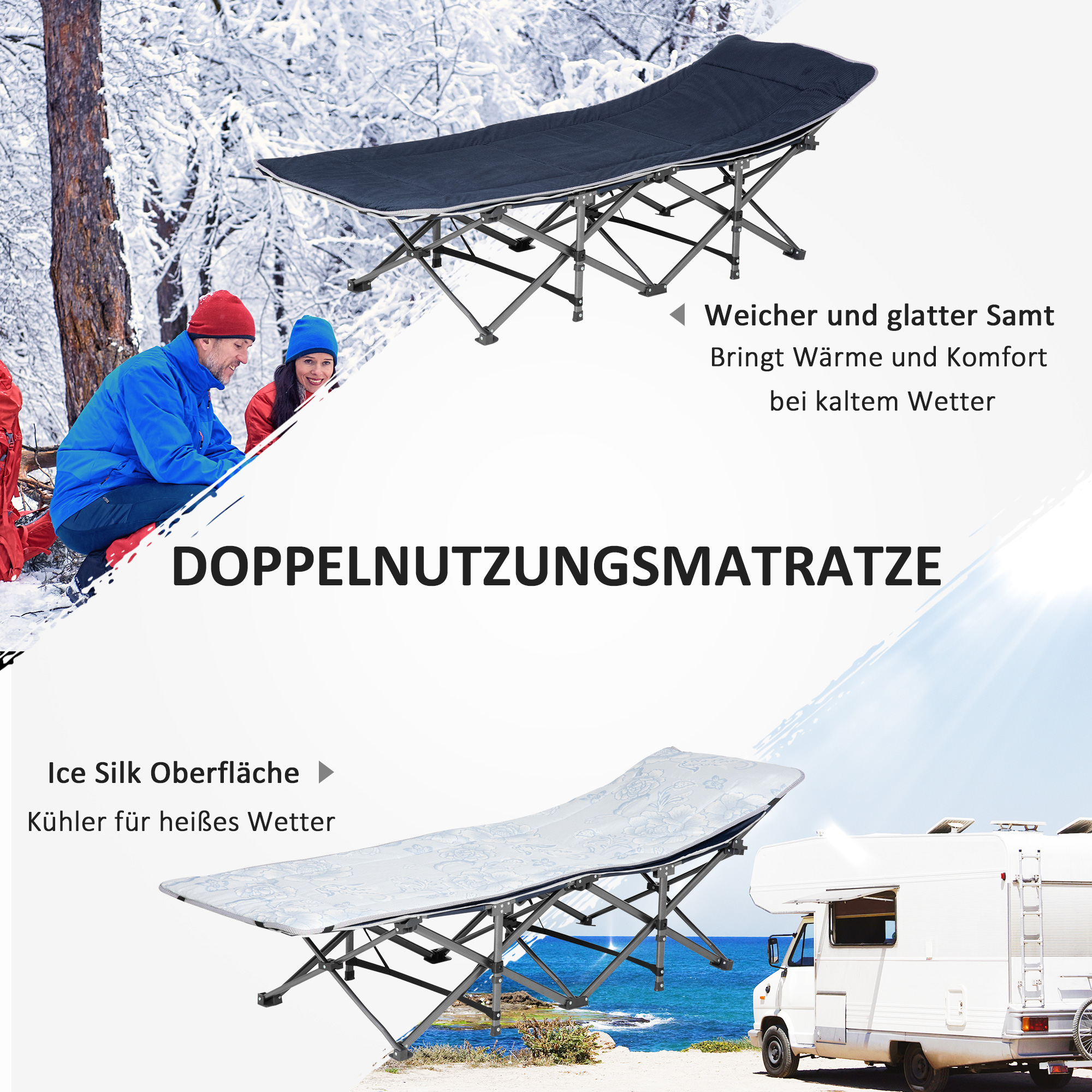 Campingbett, klappbares Feldbett mit Kopfkissen, 188 x 64,5 x 53 cm, Dunkelblau