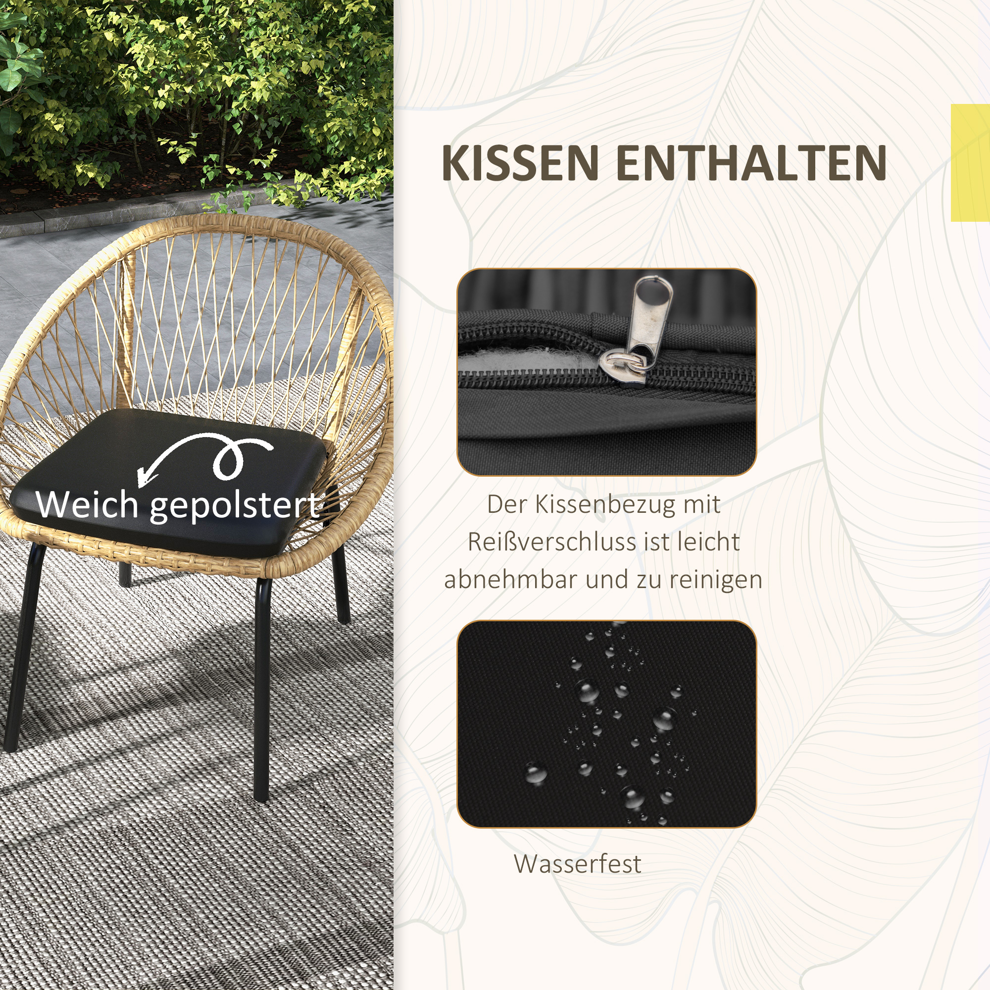 Rattan Terrassengarnitur, Gartenmöbel-Set, 2 Sessel & Tisch, Gelb