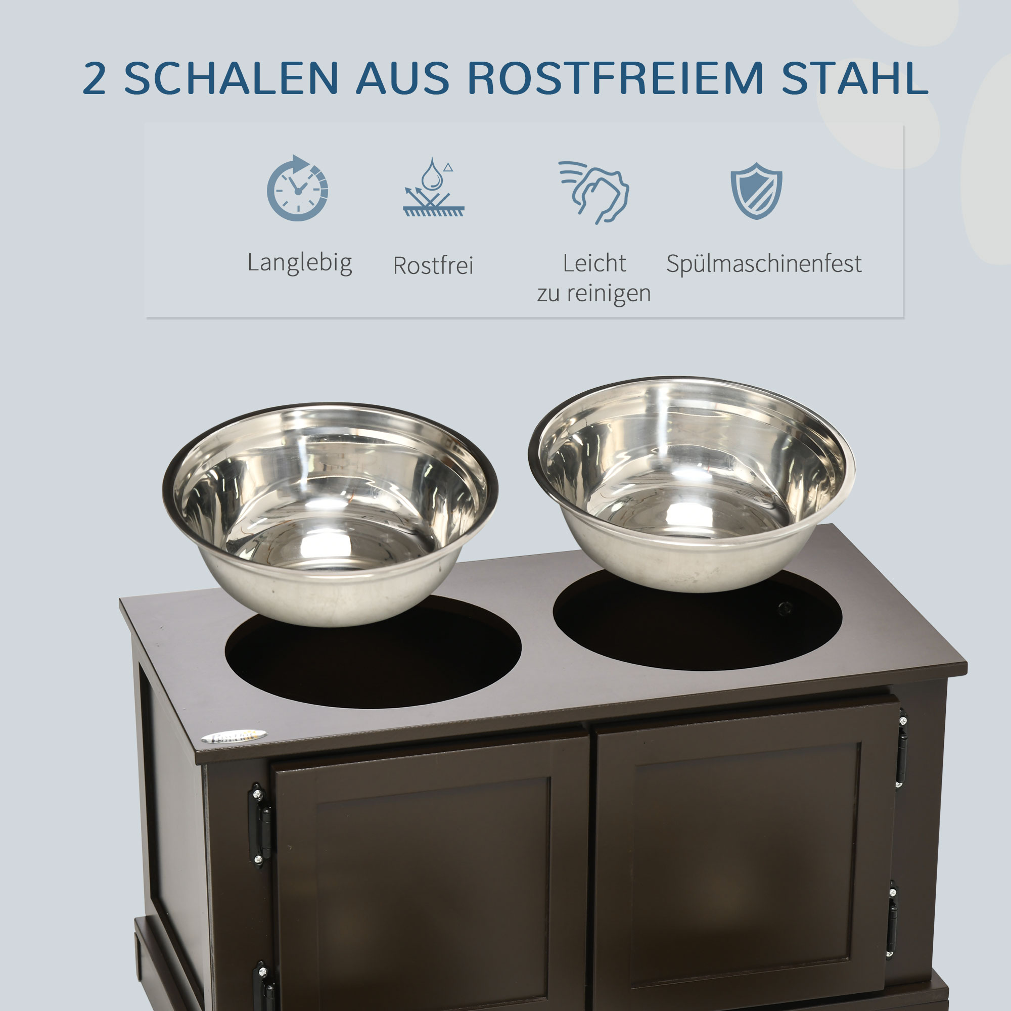 Futterstation erhöhte Futternäpfe, inklusive Stauraum, 60 cm x 30 cm x 34 cm, Braun + Silber