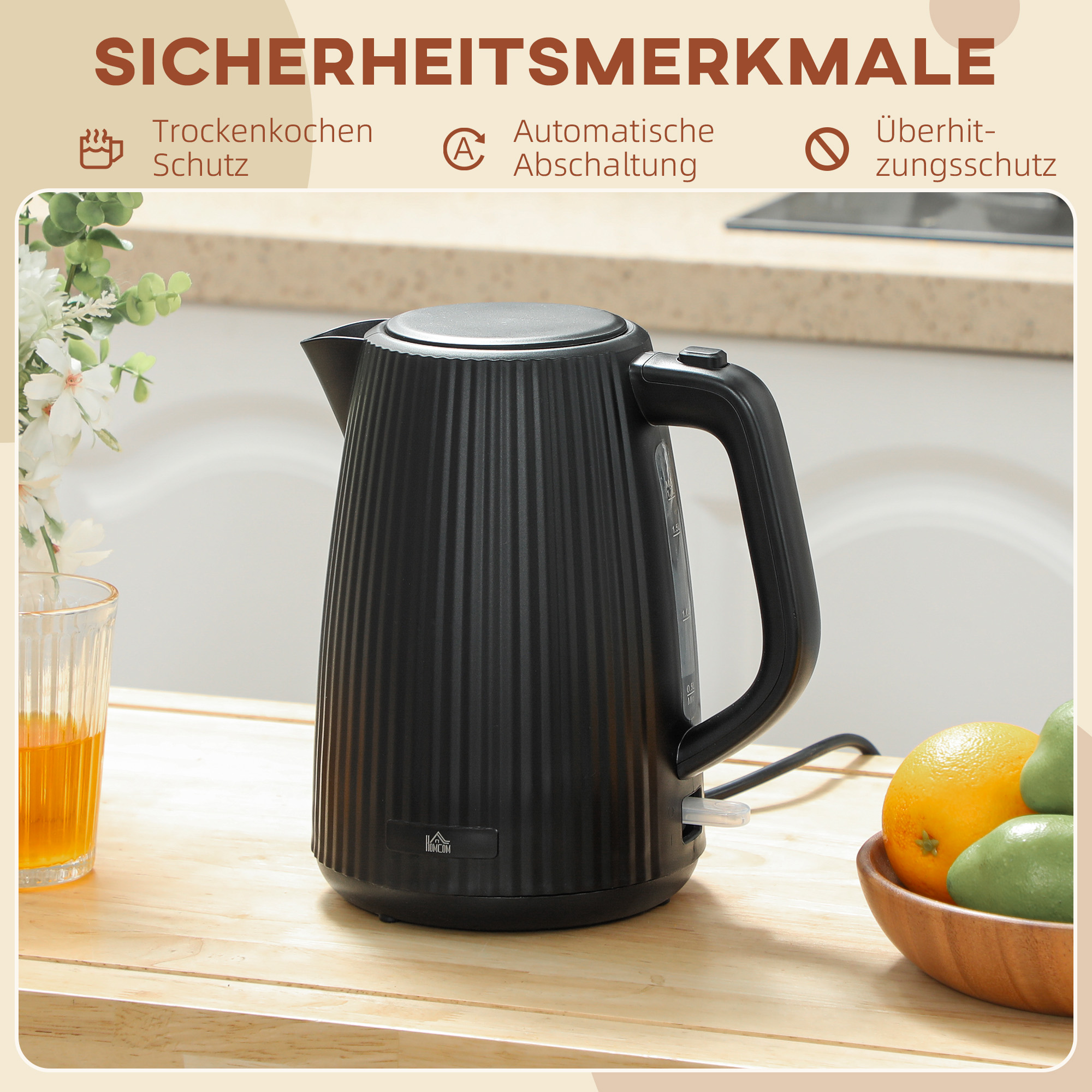Elektrischer Wasserkocher, 1,7L, Schnellkochfunktion, 2200W, mit herausnehmbarem Kalkfilter, Abschaltautomatik, Schwarz