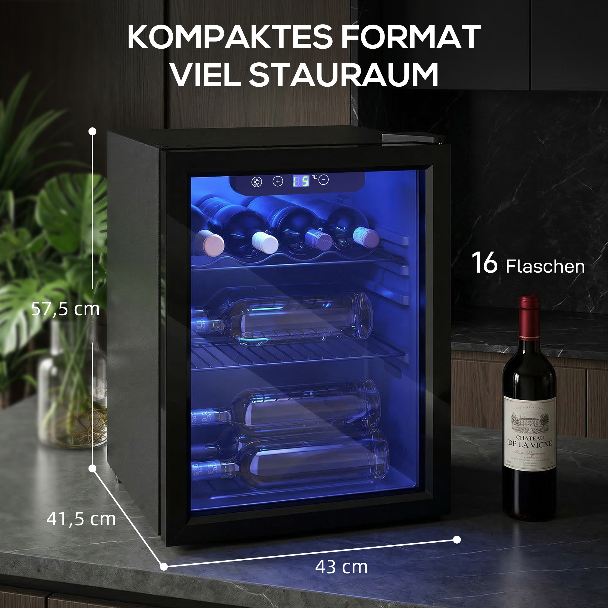 Weinkühler für 16 Flaschen, 48 L Kapazität, 4–16°C, Unterbau Kühlschrank für Getränke und Bier, mit Glastür, LED-Licht