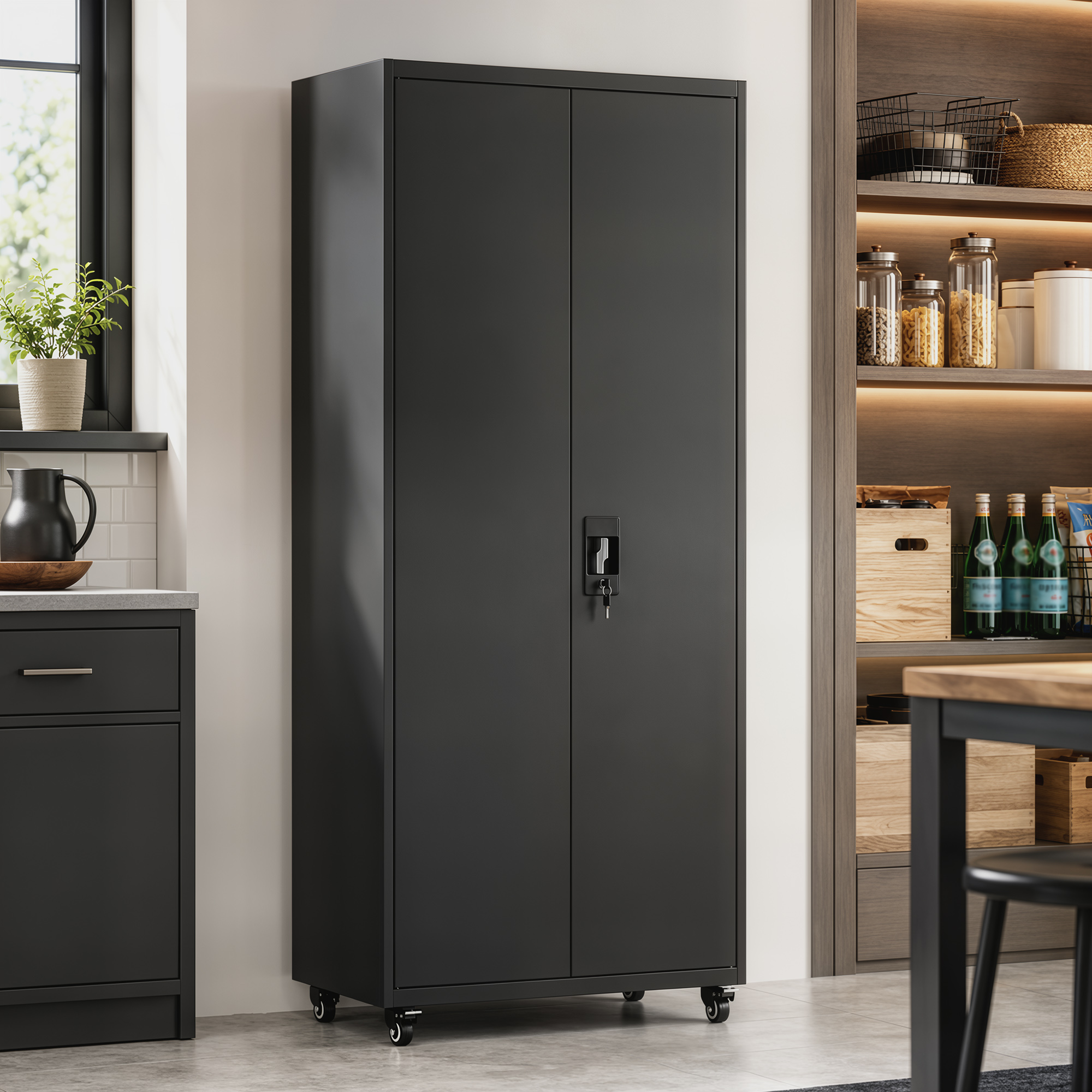 Aktenschrank, Abschließbar Metallschrank mit Rollen, 5 Verstellbaren Ablagen, aus Stahl, 80 x 40 x 180 cm Schwarz