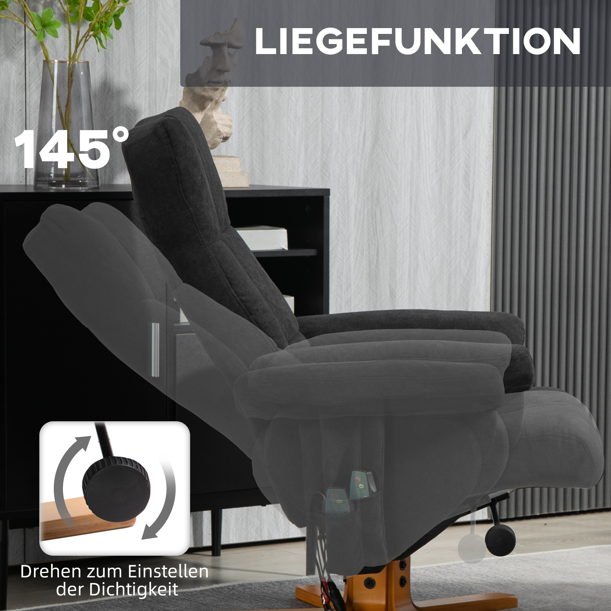 Massagesessel mit Liegefunktion und Fußhocker, 145°-Neigung, Polyester, 80 x 86 x 99 cm, Schwarz