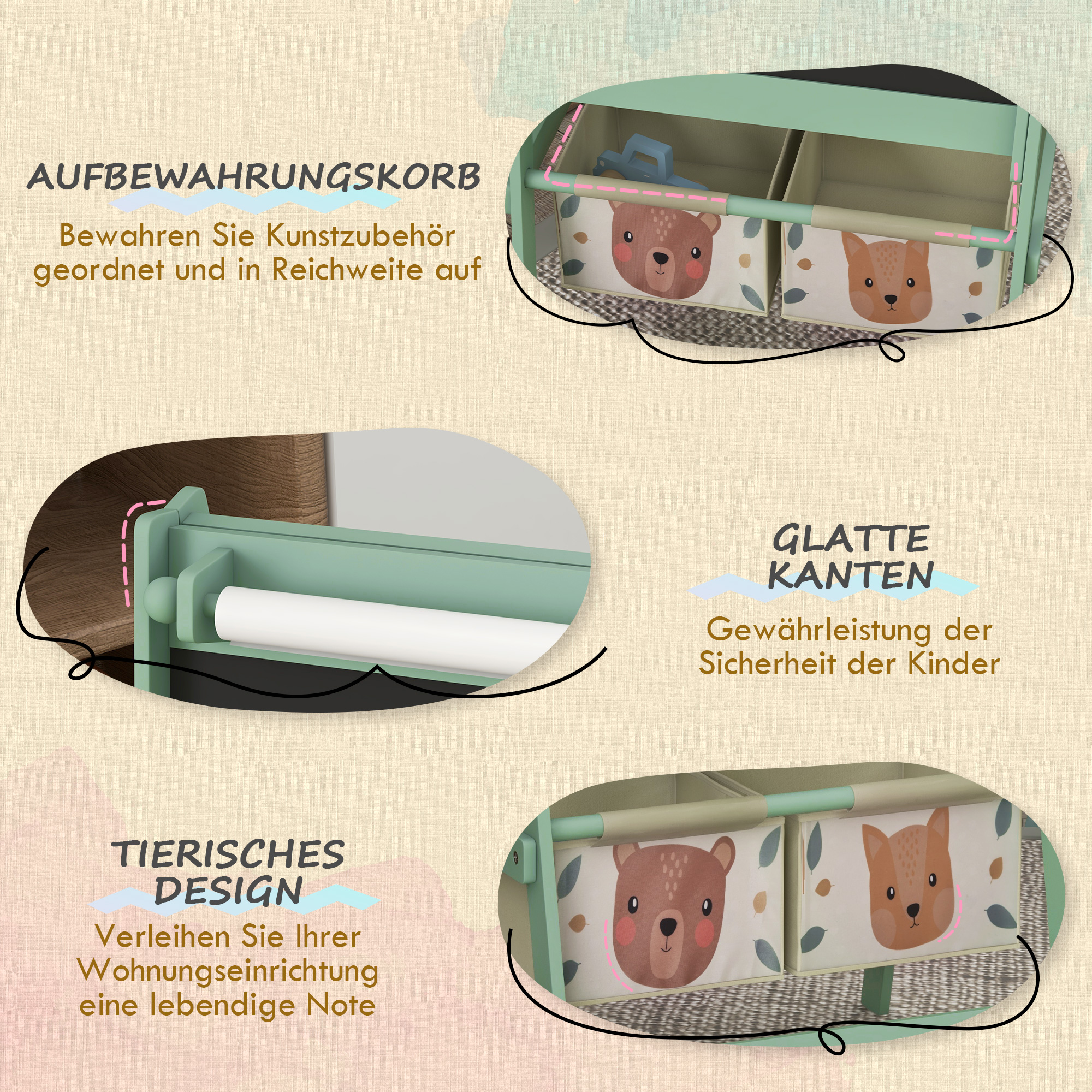 3-in-1 Kinder Staffelei mit Papierrolle, Kreidetafel, Whiteboard, Aufbewahrungskörbe, 54 x 46,5 x 93 cm, grün